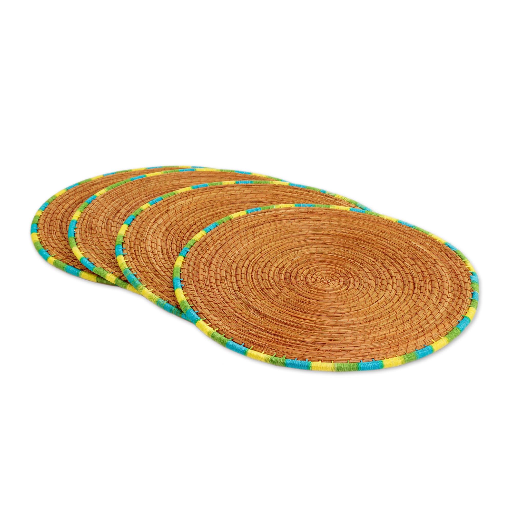 NOVICA Handwoven Pine Needle Placemats Set of 4 - Guatemalan Artisan Crafted with Blue, Green & Yellow Trim - 12.5