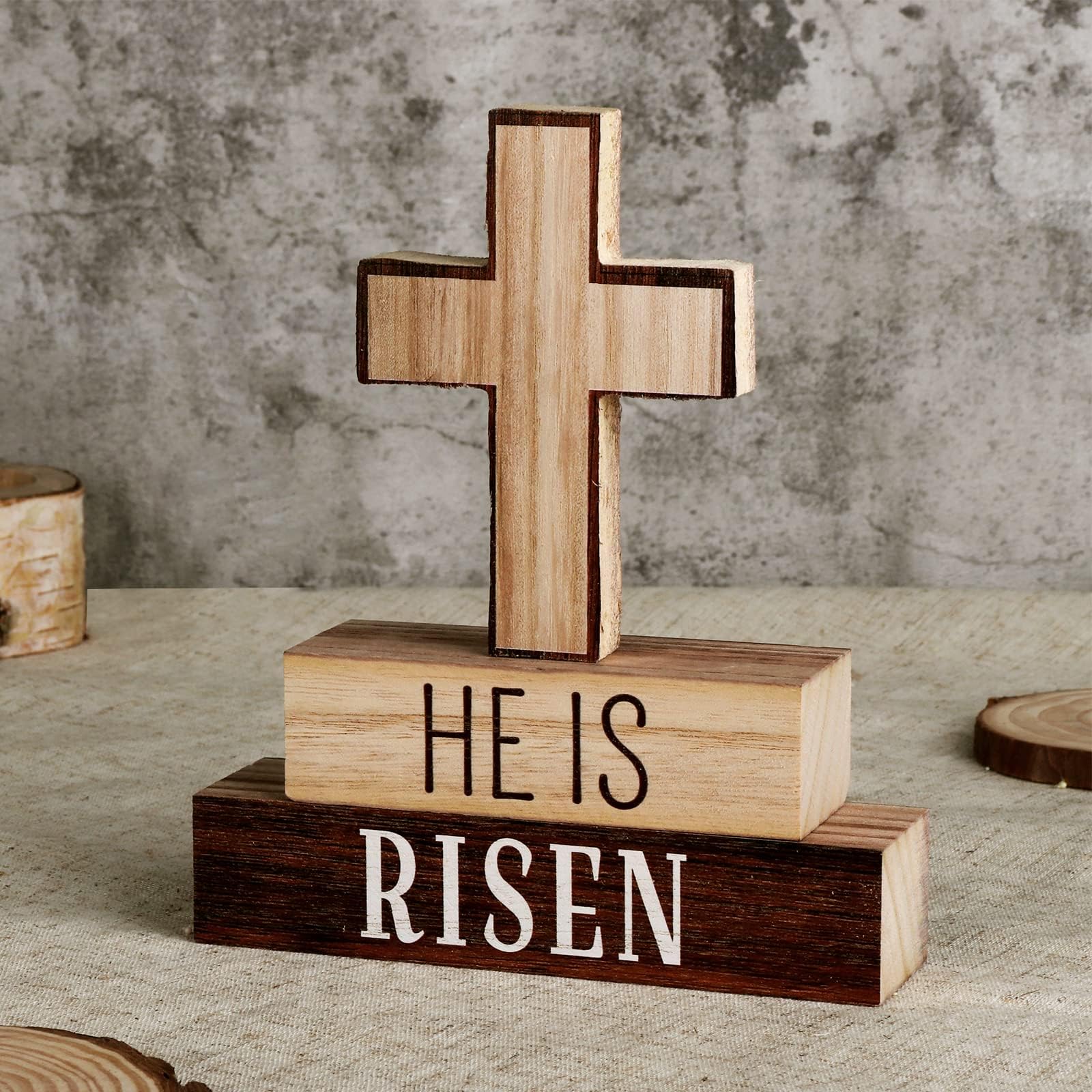 3-Piece Easter Home Decor Set - HE is Risen Wooden Cross Table Signs, Christian Religious Block Signs for Farmhouse & Rustic Tiered Tray Decorations | Perfect for Easter Gifts, Church Events & Spring Home Decor