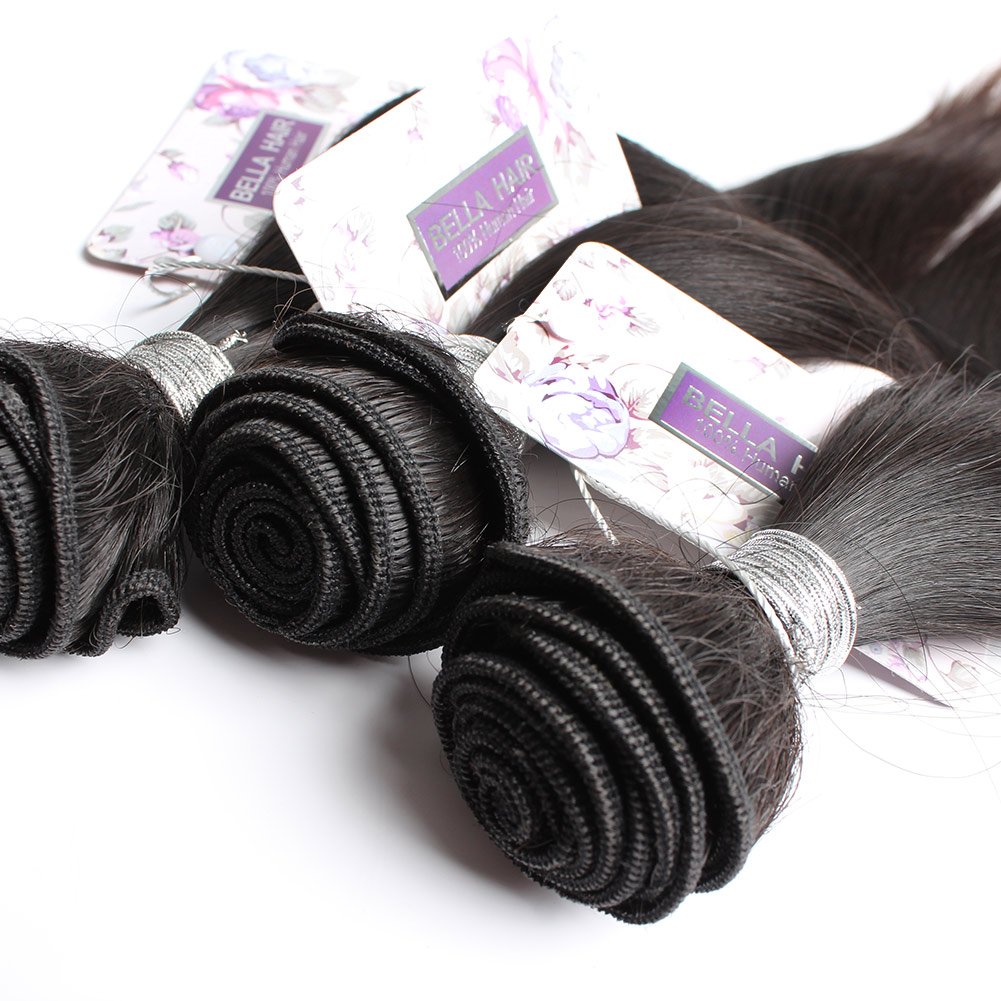 Bella Hair 3 Bundles Peruvian Virgin Hair 100% Human Hair Weave - Silky Straight Natural Black Color (34