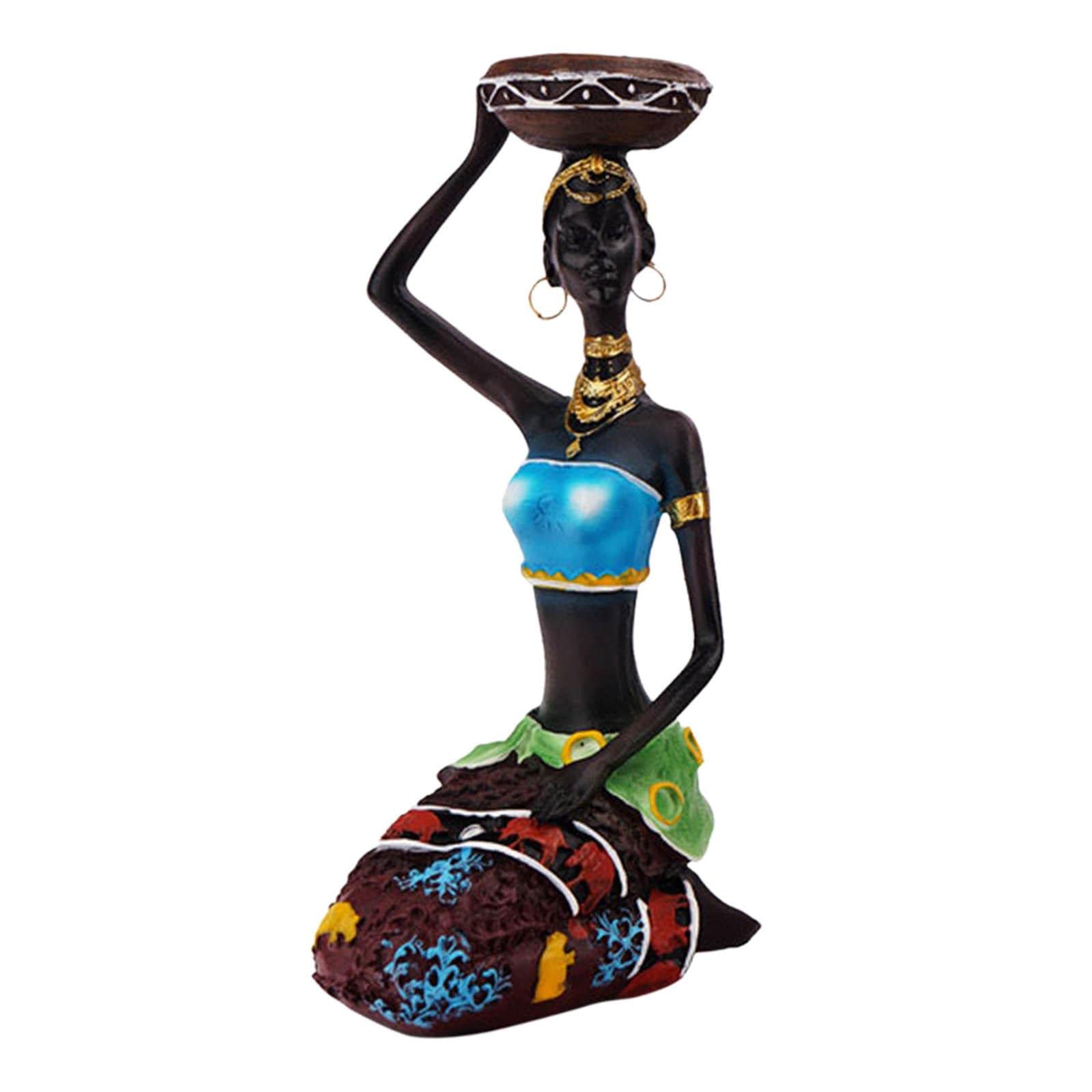 African Women Statue Candle Holder - Handcrafted Resin Candlestick for 4cm Tea Lights & Votive Candles, Home Decor Collectible for Living Room, Bedside, Hotel (Blue) | Perfect for Romantic Dinners, Spa Relaxation & Ethnic Home Decor