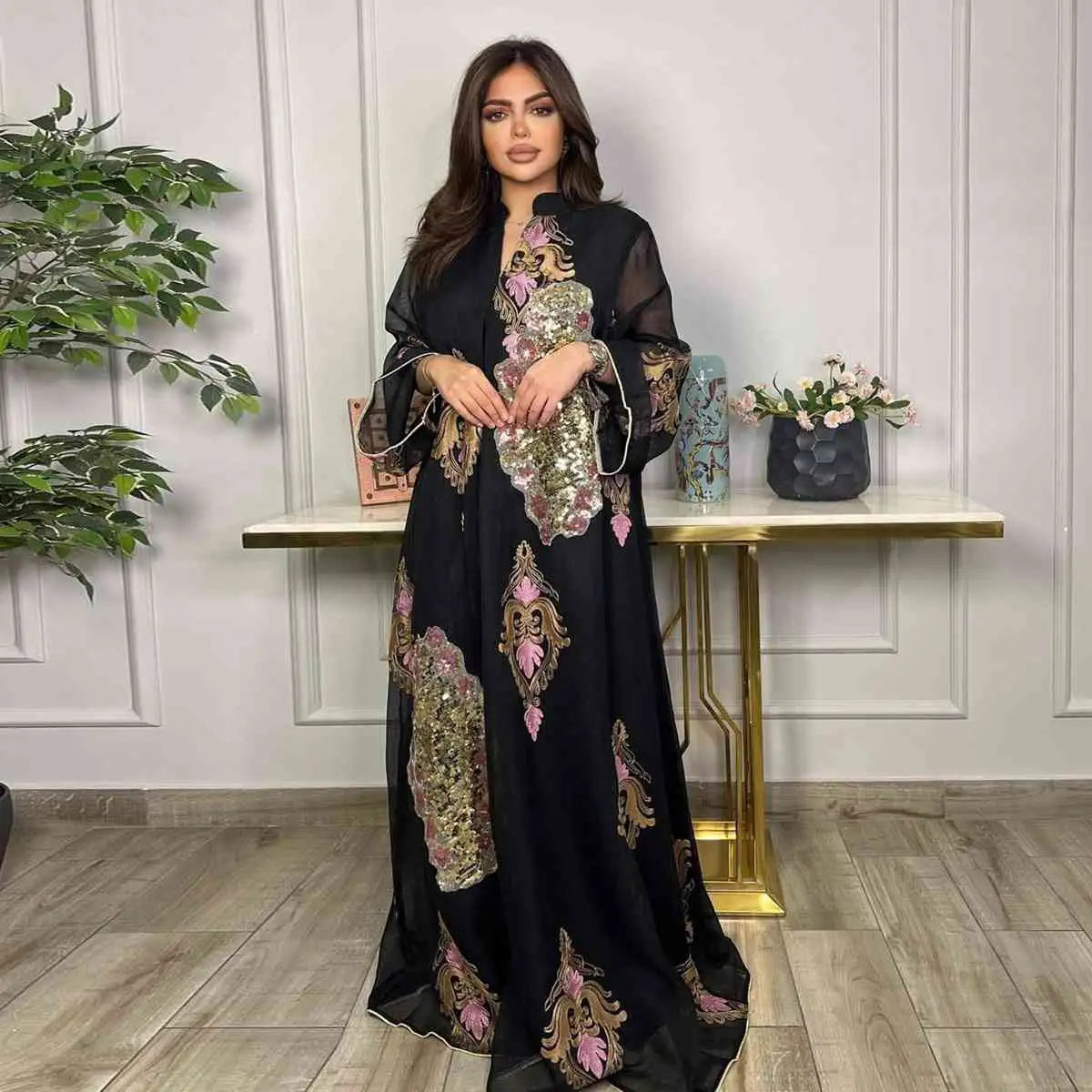 Elegant Sequin & Embroidered Women's Caftan Kaftan Dress - Eid Jalabiya for Special Occasions & Evening Parties