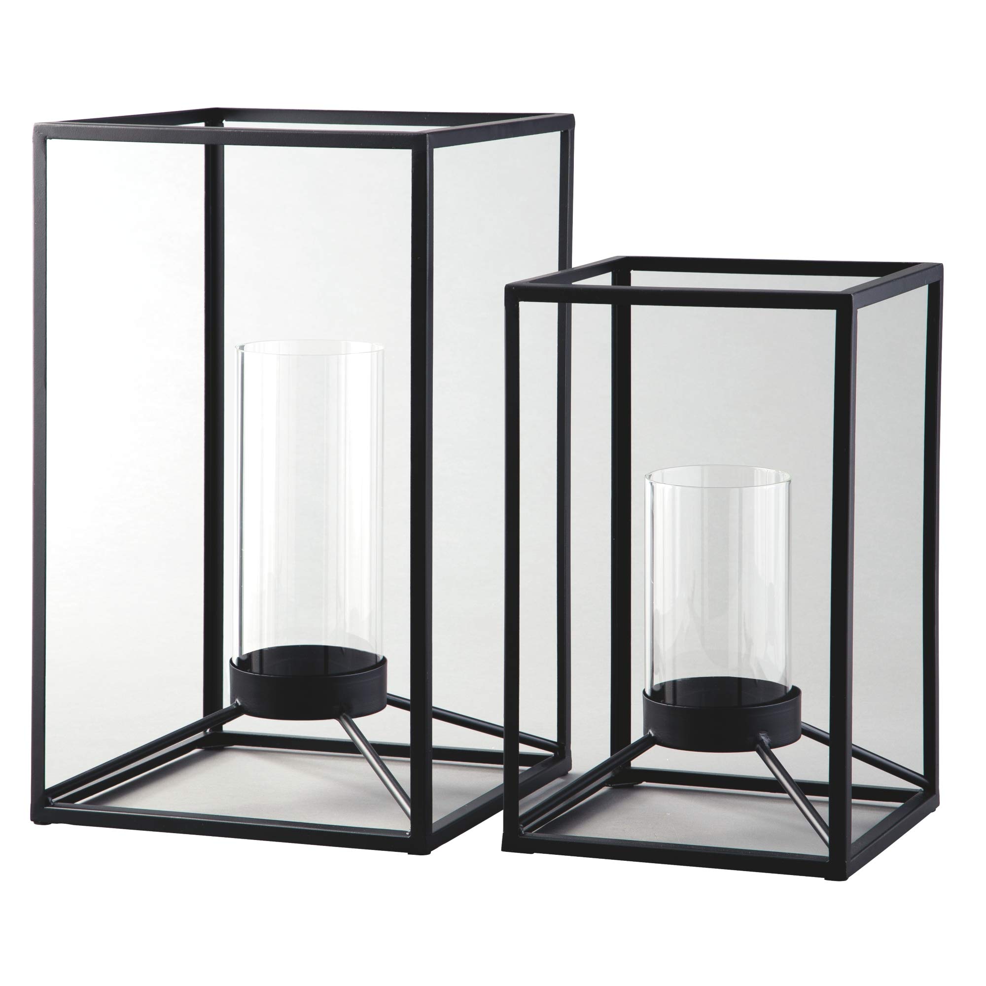 Benjara 2-Pack Black Metal Frame Lanterns with Cylindrical Glass Hurricane Shades - Outdoor/Indoor Decorative Lighting for Patio, Garden, Porch & Home Decor