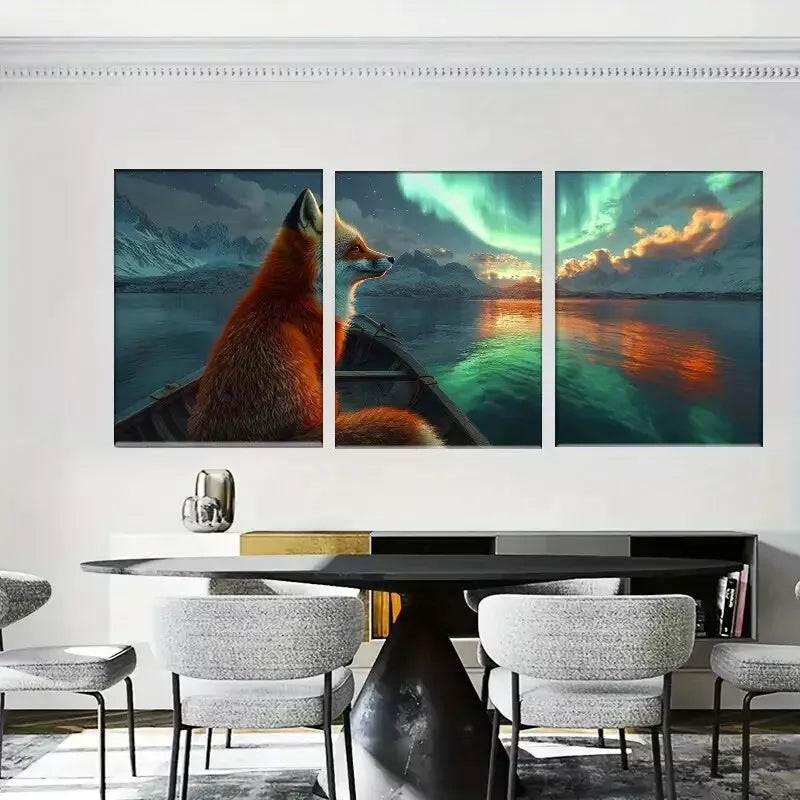 3-Piece Aurora Borealis Fox Canvas Print Set - Northern Lights Wall Art - Framed 40x60cm (16x24in) - High Quality Australian Made Canvas - Ready to Hang - Perfect for Living Room, Bedroom & Office Decor