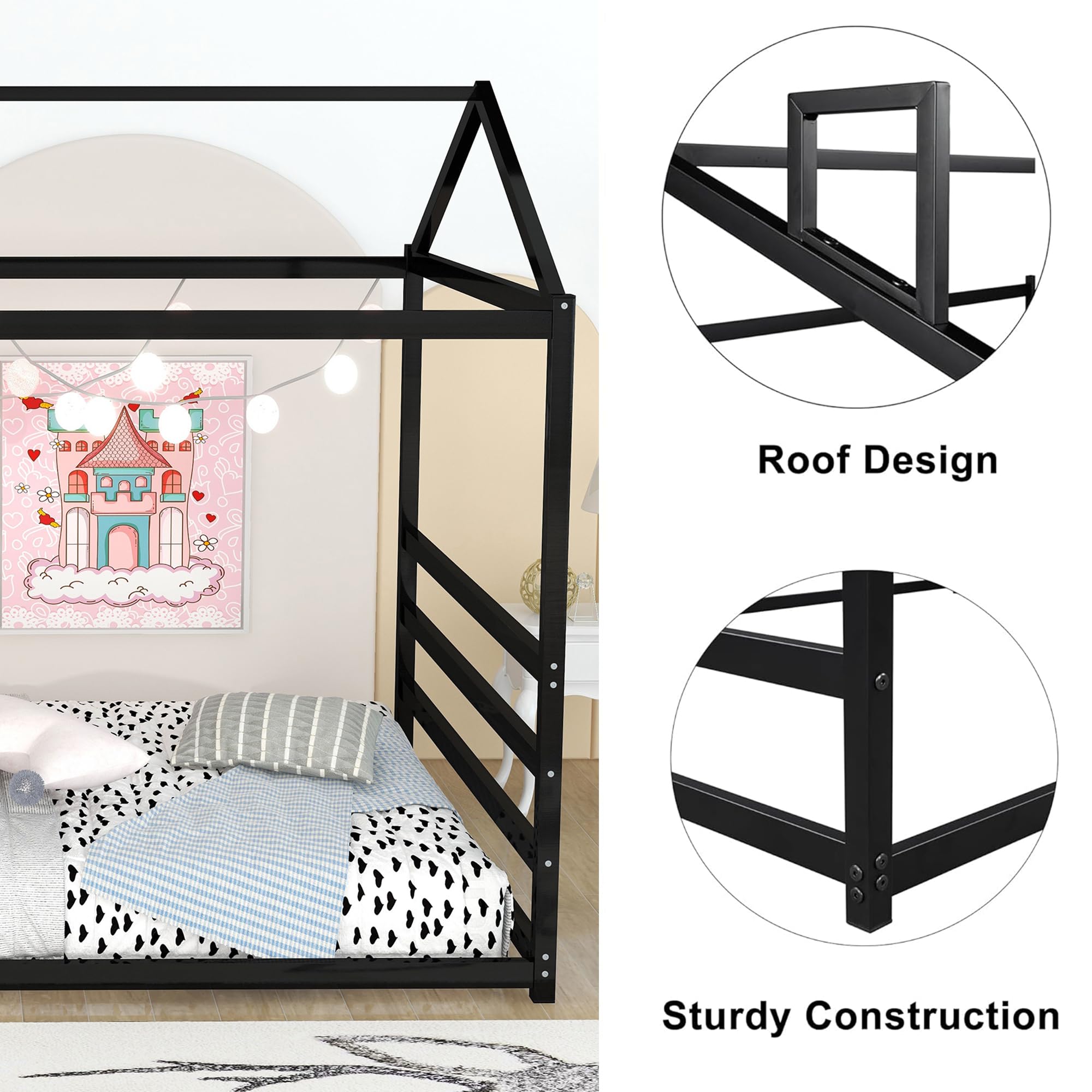 Montessori Metal Queen Size Floor Bed with Roof - Sturdy House Bed Frame for Kids, Boys & Girls - Black | Perfect for Montessori Bedrooms, Playrooms & Cozy Sleep Spaces