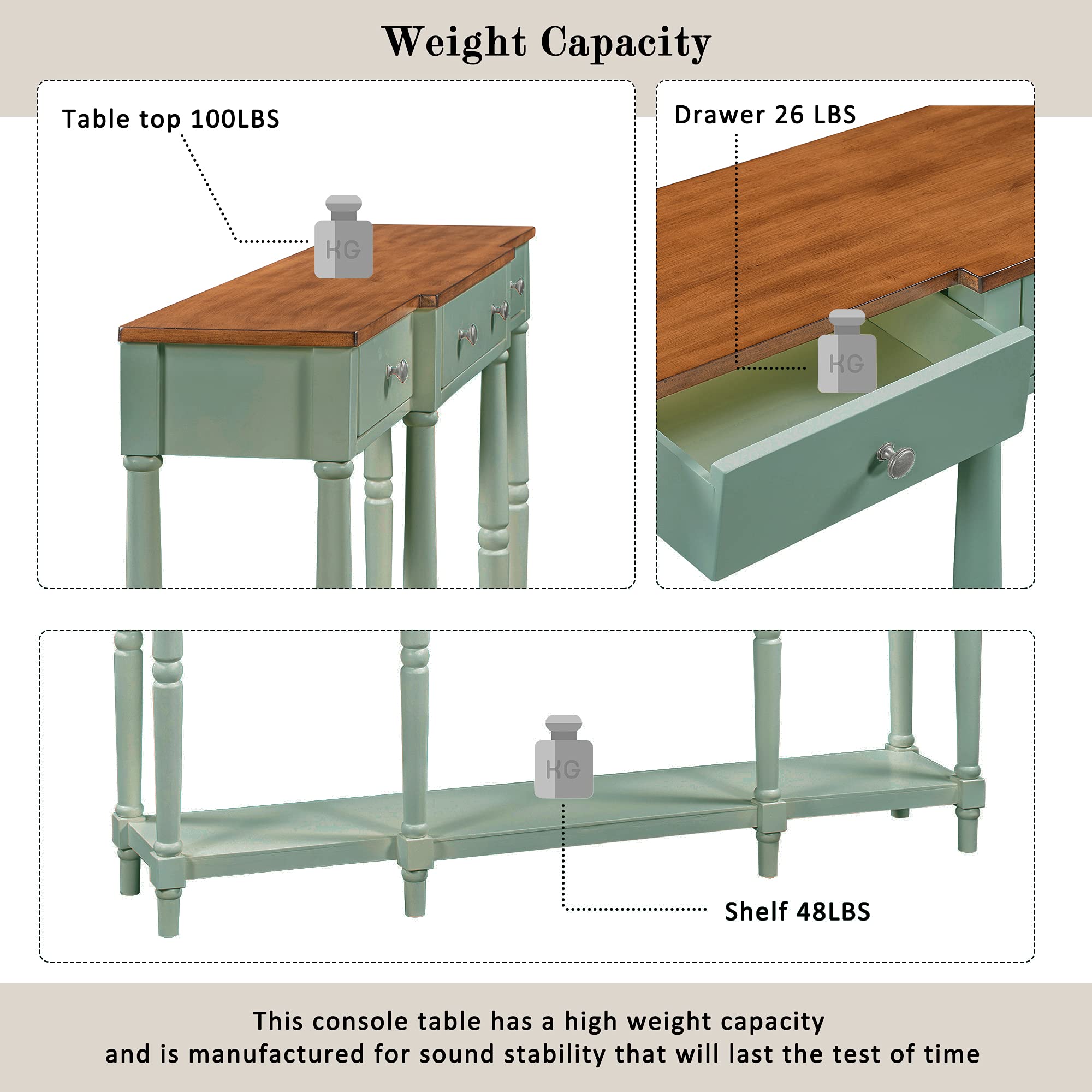 Solid Wood Console Table Sofa Table - Classic Entryway Table with Storage Shelf & Drawer for Living Room, Hallway, Bedroom - Narrow Accent Table Furniture in Green & Brown - Perfect for Small Spaces, Home Decor, and Entryway Organization