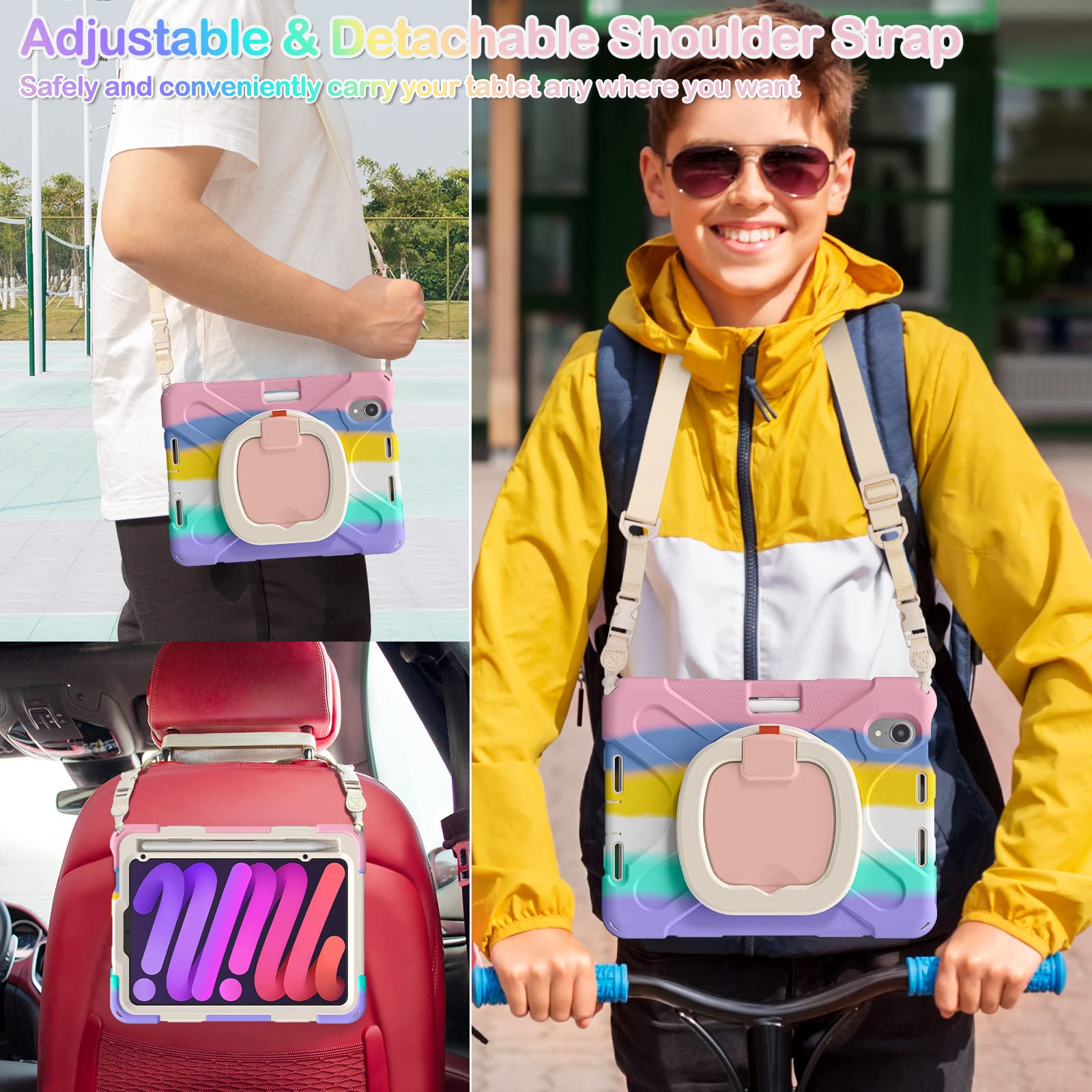 BRAECN Shockproof Kids Case for Apple iPad Mini 7th/6th Generation (2024/2021) 8.3 Inch - Rotating Stand Handle Grip with Screen Protector & Pencil Holder - Rainbow Pink - Perfect for School, Travel & Home Learning