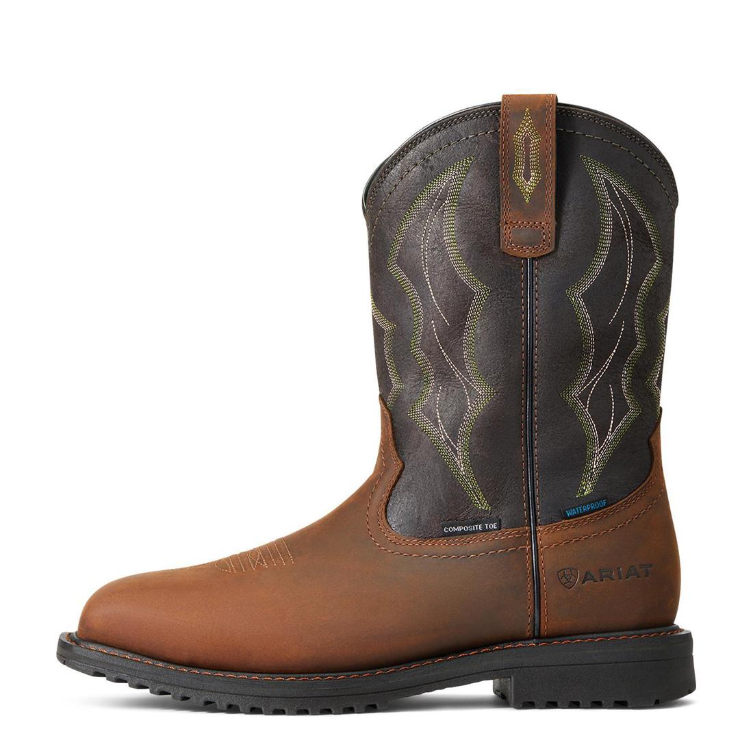 **RigTek Composite Toe Waterproof Work Boots for Men - Wide Square Toe, Distressed Brown - Ideal for Construction, Outdoor & Heavy Duty Jobs**