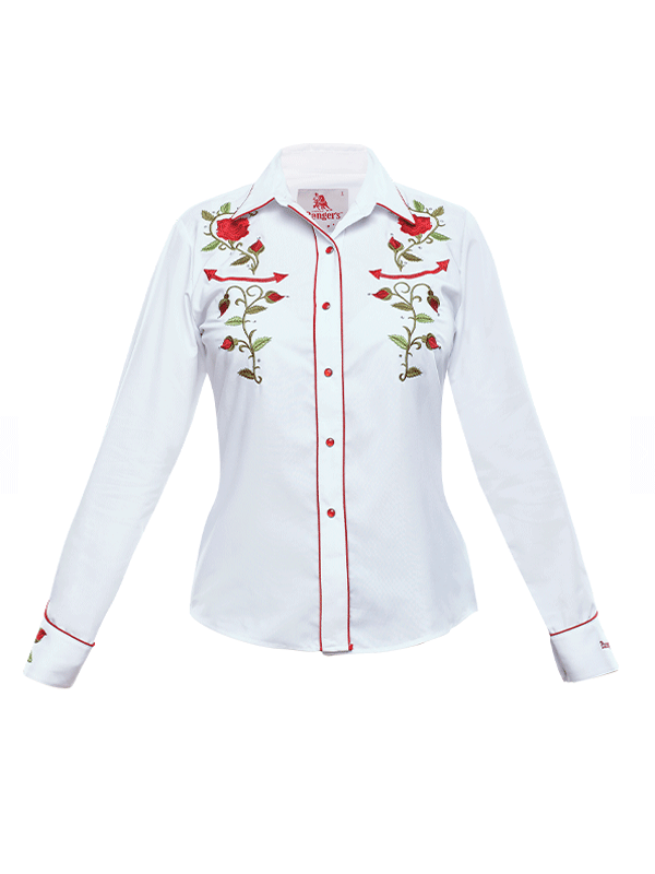 Rangers 011NA01 Western Style Long Sleeve Embroidered Shirt for Girls - White | Perfect for Rodeo, Country Music Festivals & Western Fashion