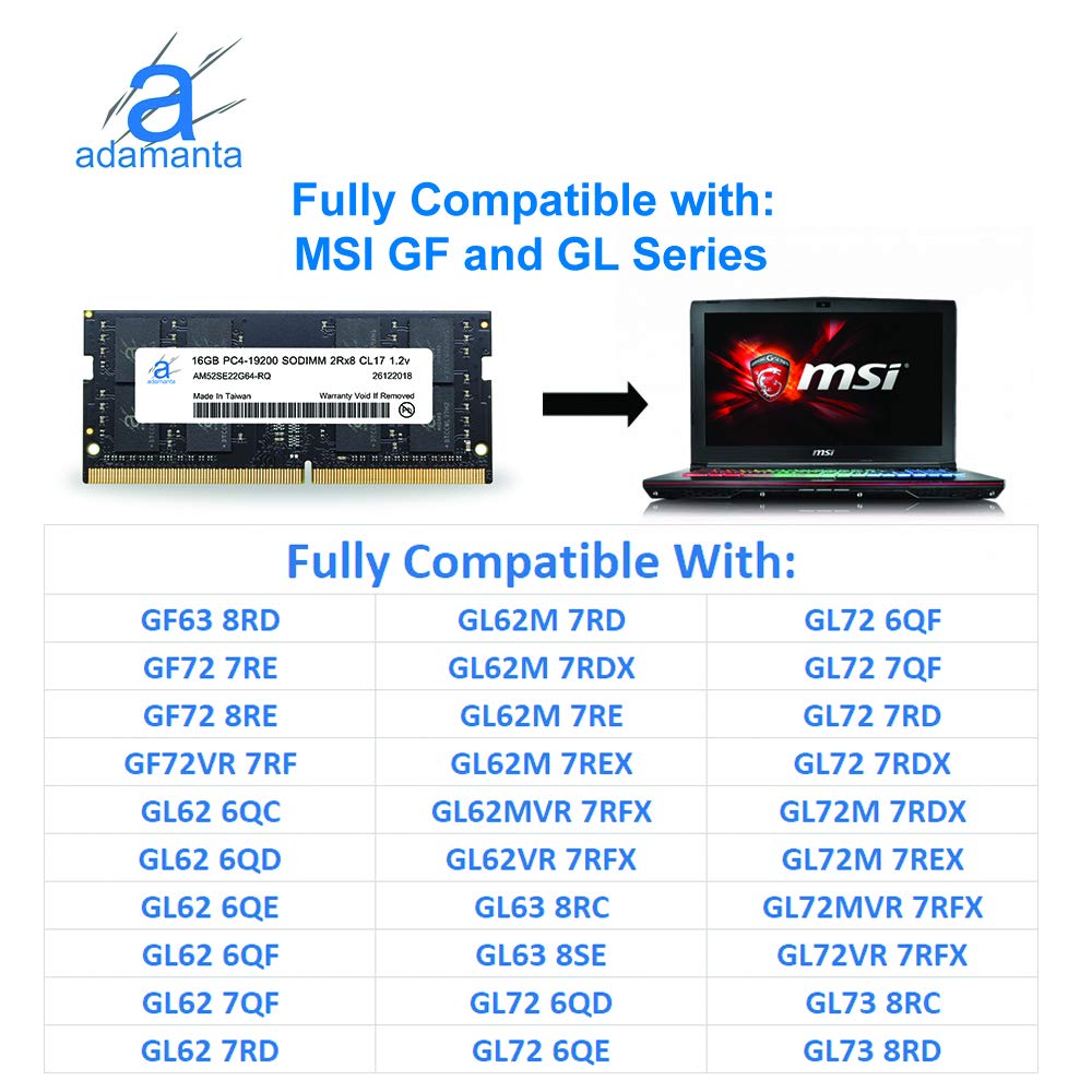 Adamanta 16GB (1x16GB) DDR4 2400MHz SODIMM Laptop RAM - Compatible with MSI GE/GF/GL/GV/PE/PL Series, PC4-19200, CL17, 1.2V - Perfect for Gaming Laptops, Workstations & Memory Upgrades