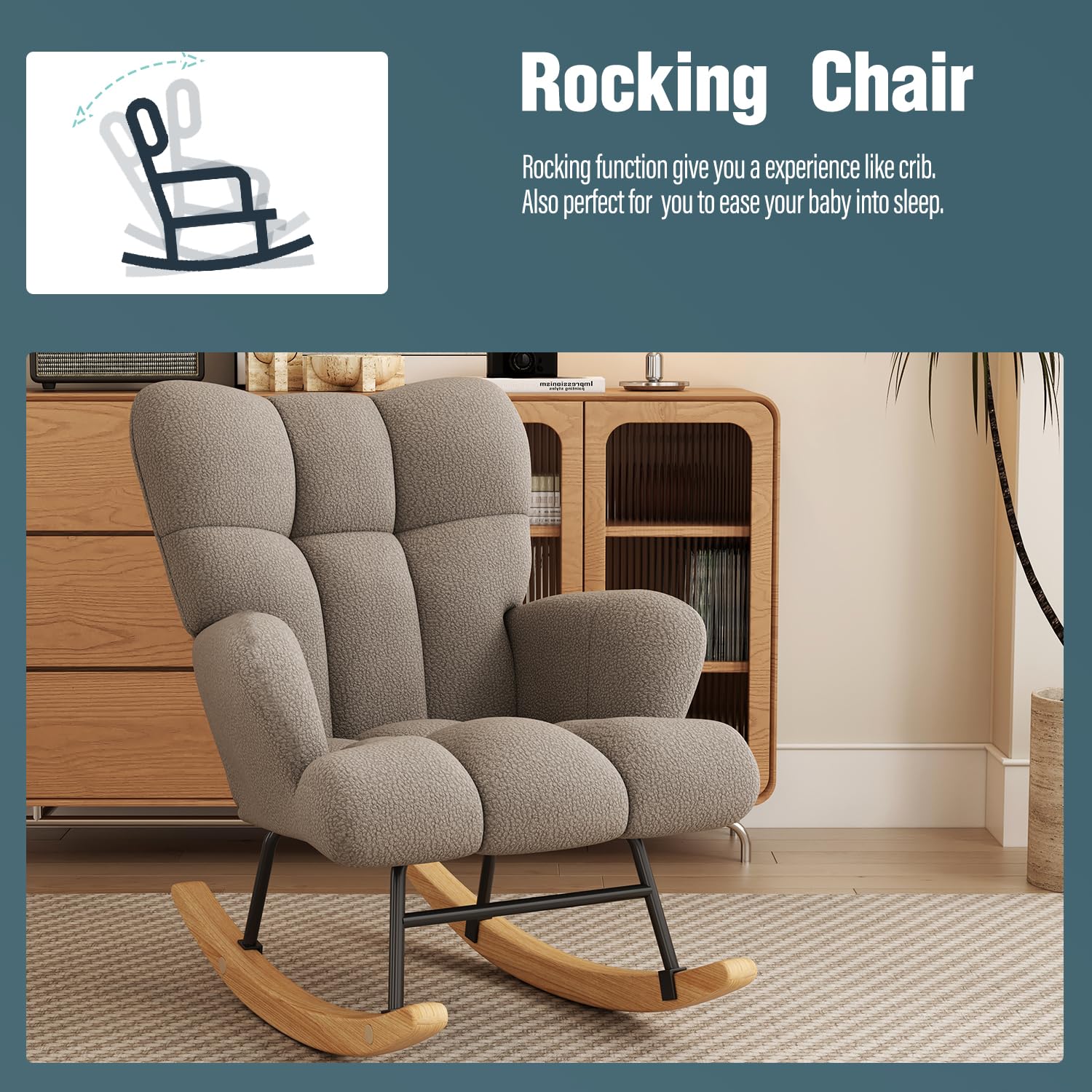 **Comfy Glider Rocking Chair for Nursery - High Backrest Teddy Soft Upholstered Armchair for Reading, Relaxing in Bedroom, Living Room & Home Office (Khaki) - Perfect for Nursing, Lounging & Baby Nursery Decor**