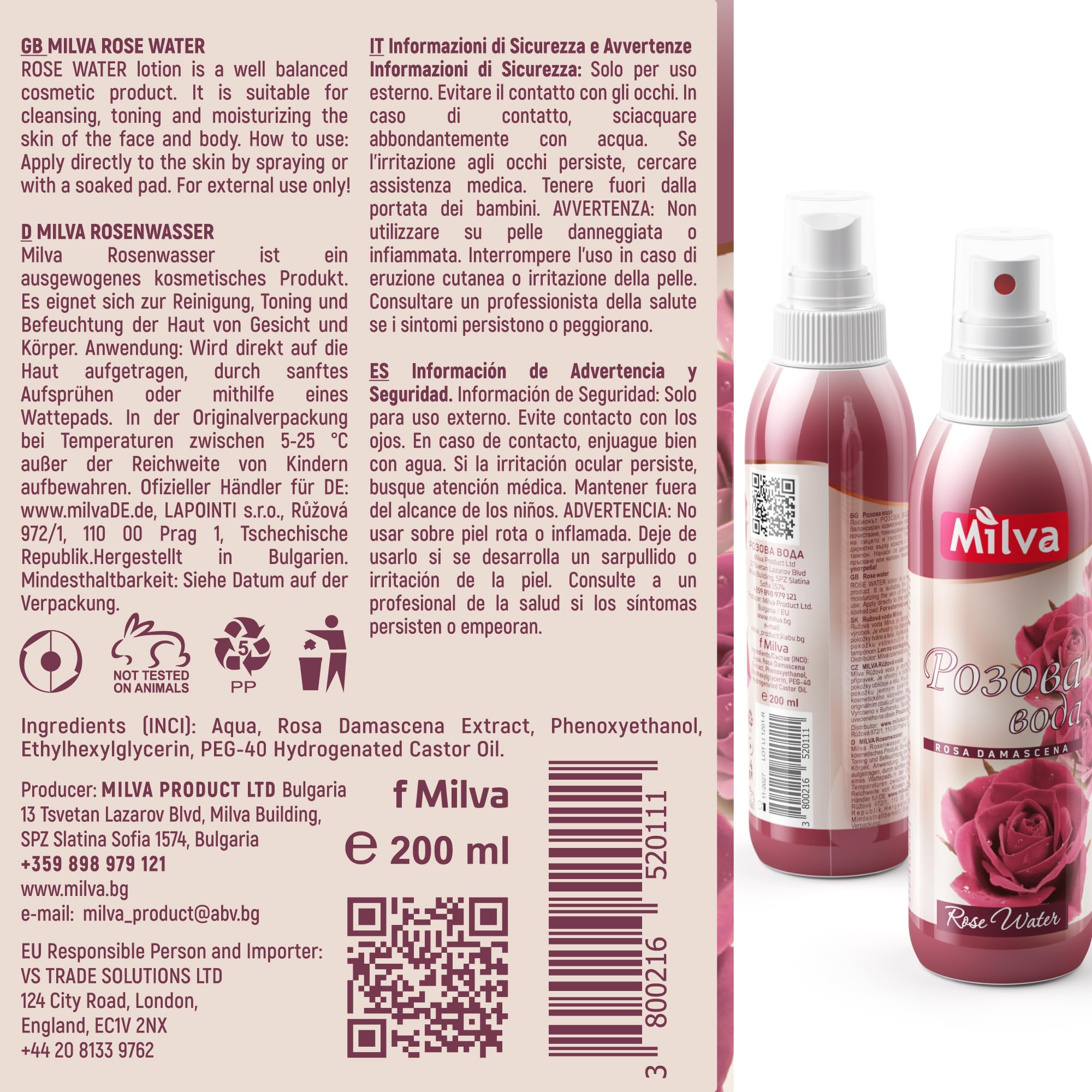 Milva Rose Water Facial Mist with Bulgarian Rose Oil - Alcohol-Free Hydrating Toner & Makeup Remover - Pure Rosewater Spray for Face, Hair & Body Care (200ml) - Perfect for Dry Skin Refreshment & Post-Workout Hydration