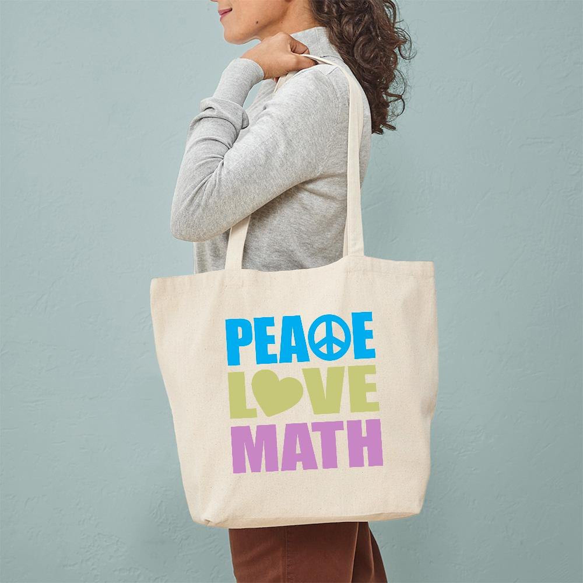 Peace Love Math Tote Bag - Natural Canvas Reusable Shopping Bag for School, Groceries & Beach | Eco-Friendly Cotton Tote with Math Design
