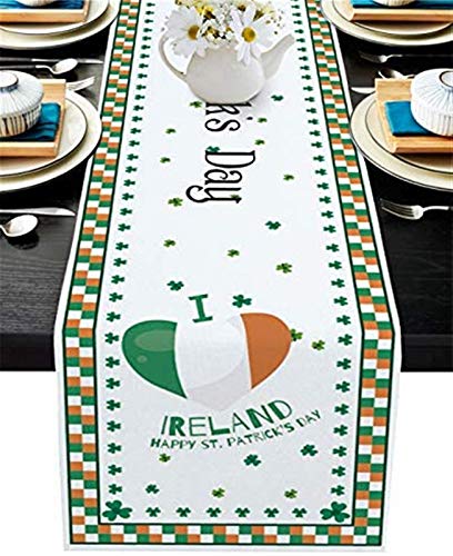 Non-Slip Burlap Table Runner 13x70 Inch - Irish St. Patrick's Day Shamrock Heart Buffalo Check in Green & Orange - Perfect for Dining Table, Coffee Table, Kitchen, Office & Party Decor