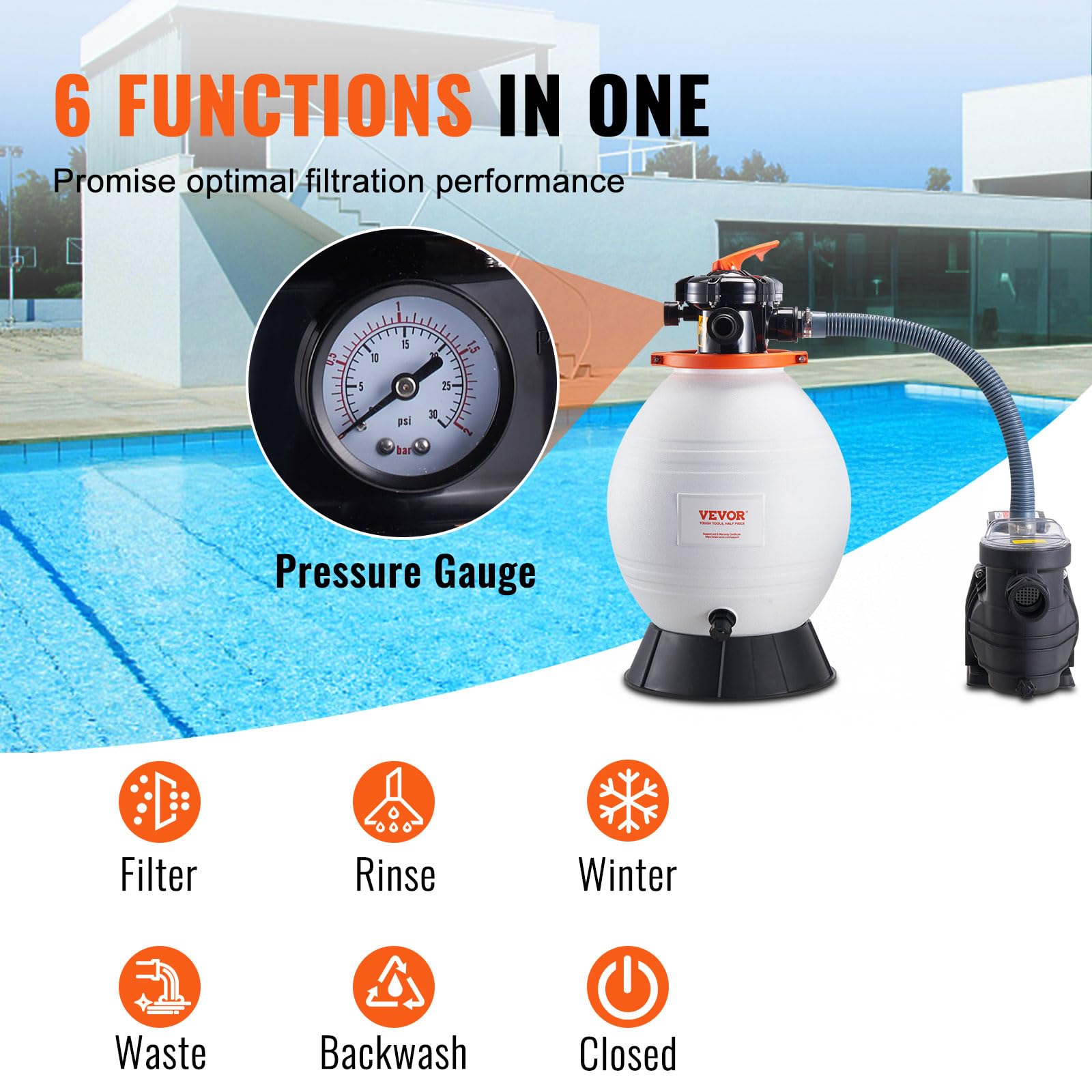 VEVOR 16-inch Sand Filter Pump System for Above Ground Pools - 3500 GPH, 1 HP with Digital Timer & 6-Way Valve | Easy Install Pool Pump & Filter Combo | Perfect for Backyard Swimming Pools, Inflatable Pools & Water Filtration Systems