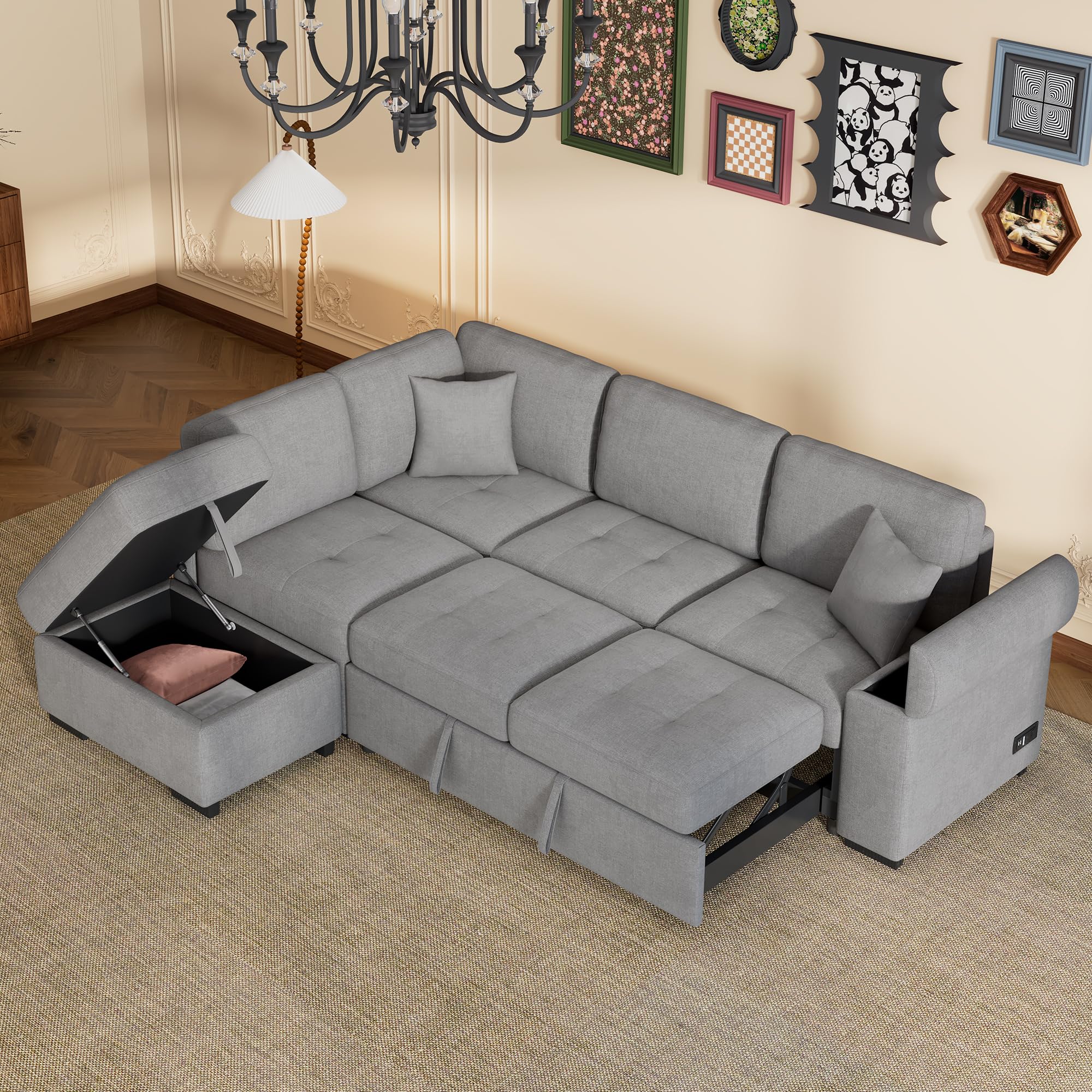 L-Shape Sleeper Sectional Sofa Bed with Storage Ottoman & Hidden Arm Storage, 85