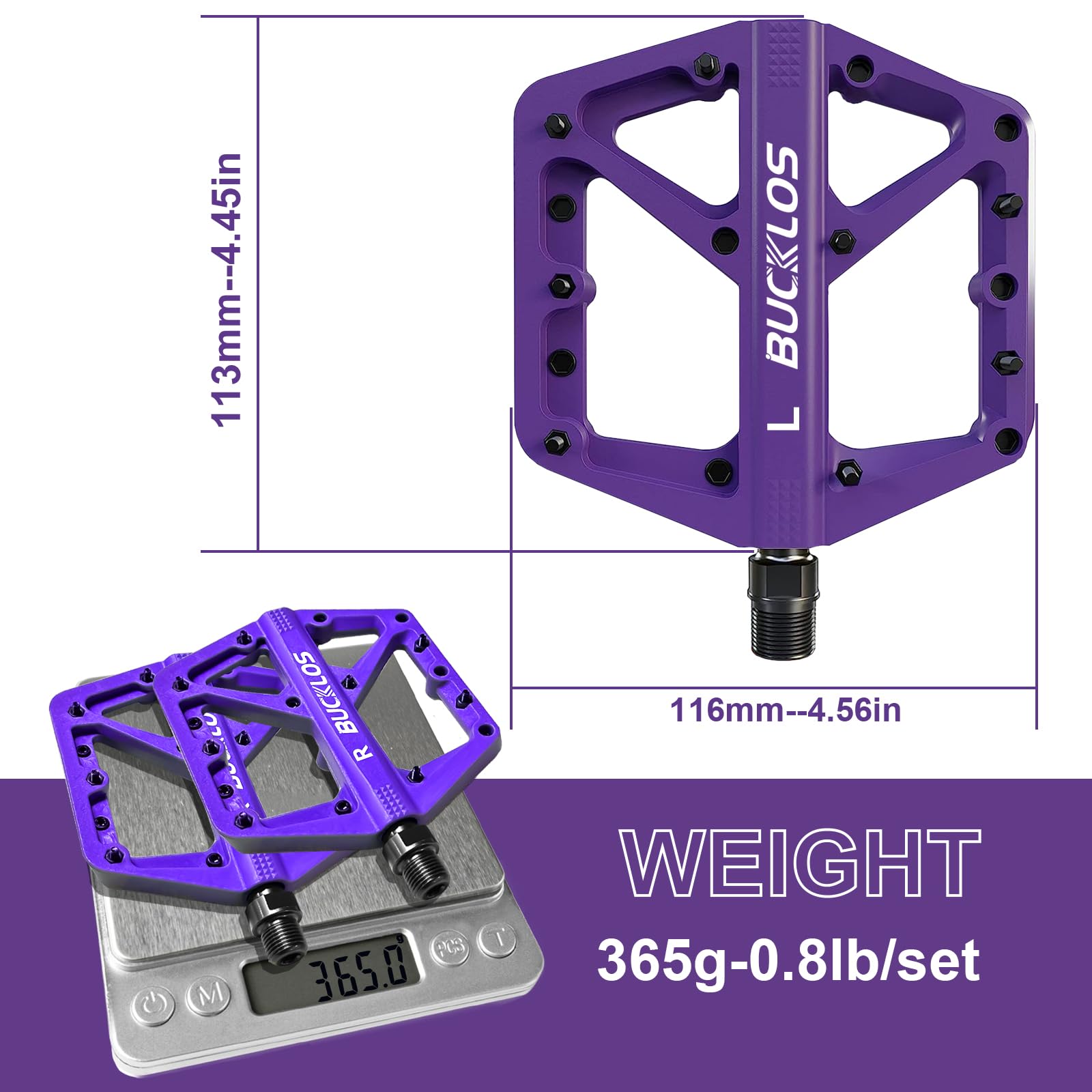 BUCKLOS Mountain Bike Pedals - MTB Flat Pedals for Adults, Large Non-Slip Nylon Platform Pedals 9/16