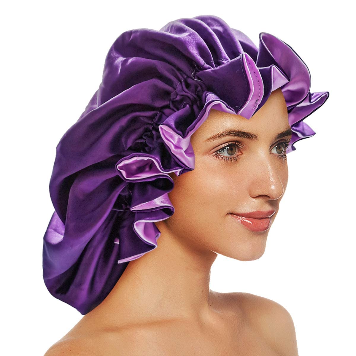 Premium Satin Silk Hair Bonnet & 3 Scrunchies Set - Purple Sleep Cap for Curly & Natural Hair - Hair Wrap for Nighttime Protection & Styling