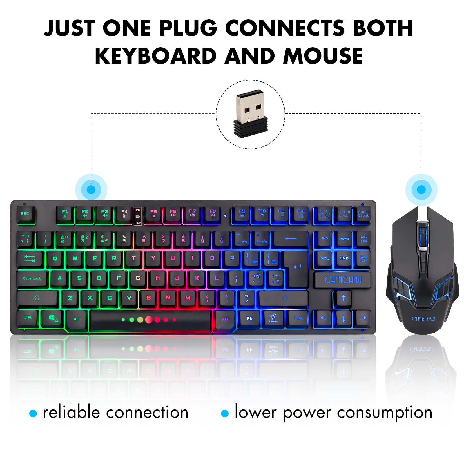 Wireless Gaming Keyboard and Mouse Combo - Rechargeable LED Backlit Tenkeyless 87 Keys Compact Mechanical Keyboard with 6-Button Mouse for PC, Laptop, PS4, PS5, Switch, Xbox One - Compatible with Windows XP/7/8/10, MacBook, iMac - Perfect for Gaming, Office Work, and Home Entertainment
