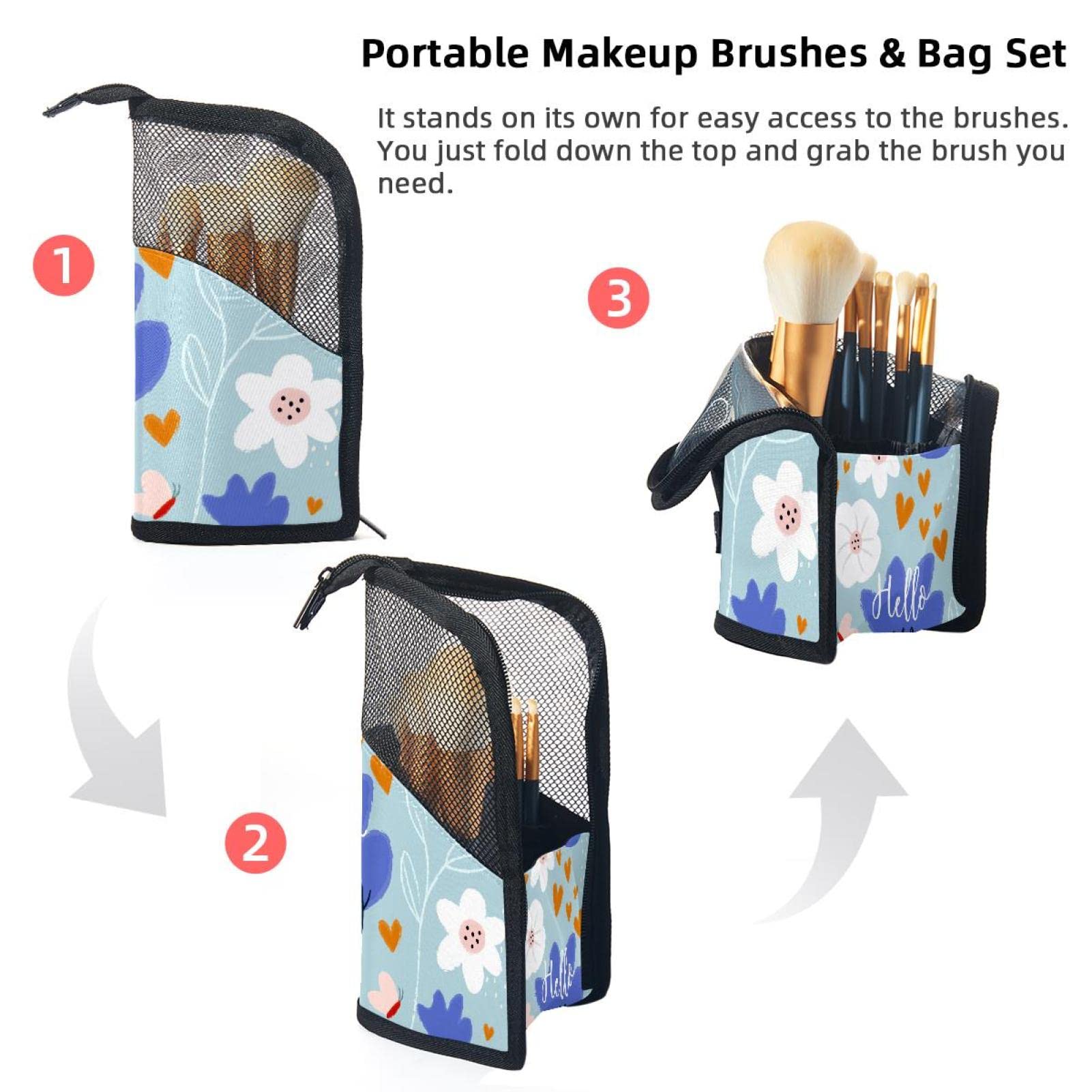 12-Piece Makeup Brush Organizer Bag with Floral Design - Portable Travel Cosmetic Brush Holder Case for Professional Makeup Artists & Beginners - Perfect for Home, Travel, and Salon Use