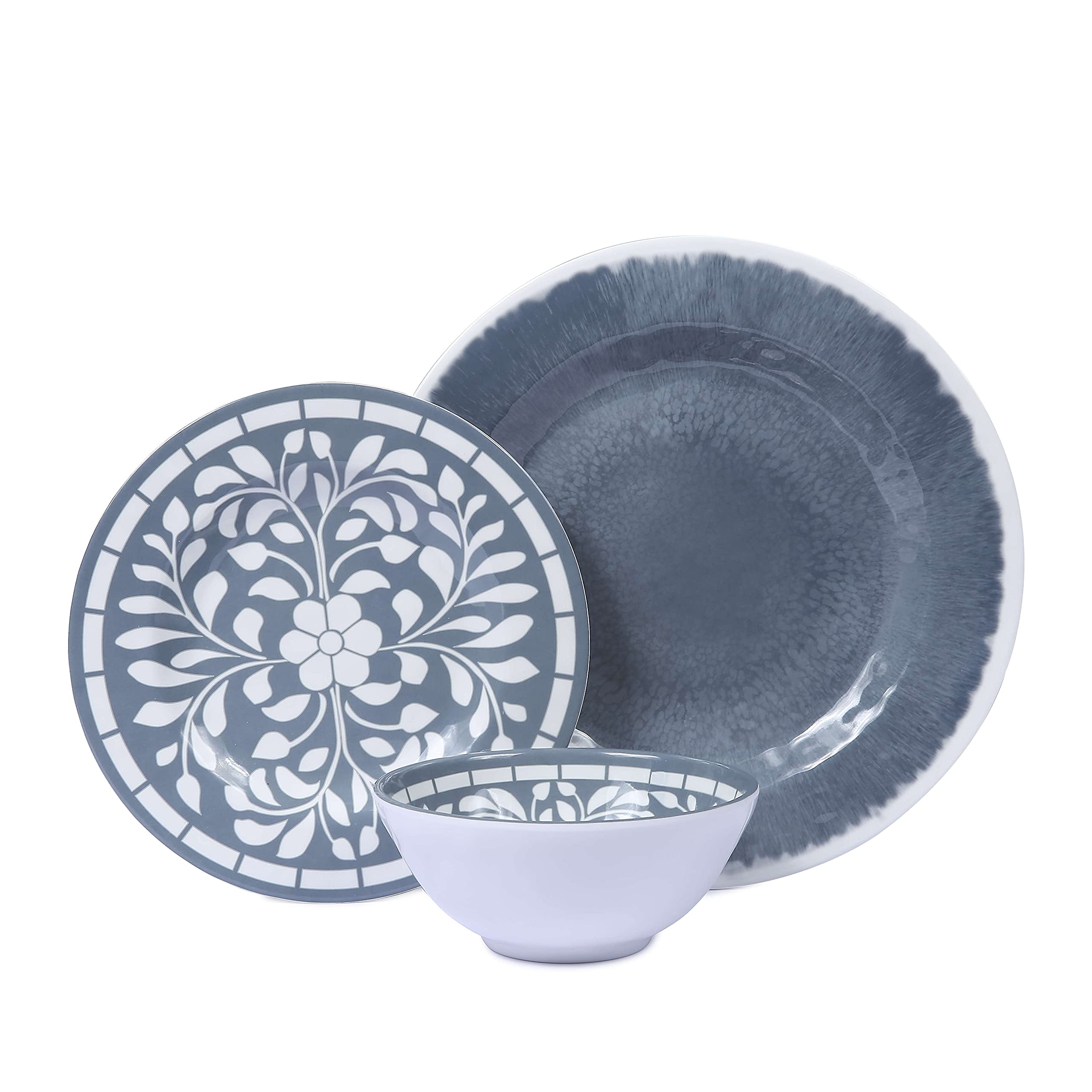 Premium Melamine Dinnerware Set - 16-Piece Grey Plates & Bowls for Everyday Use, Camping, RV Travel | Durable, Lightweight & Shatterproof Tableware for Home, Outdoor Picnics & Family Gatherings