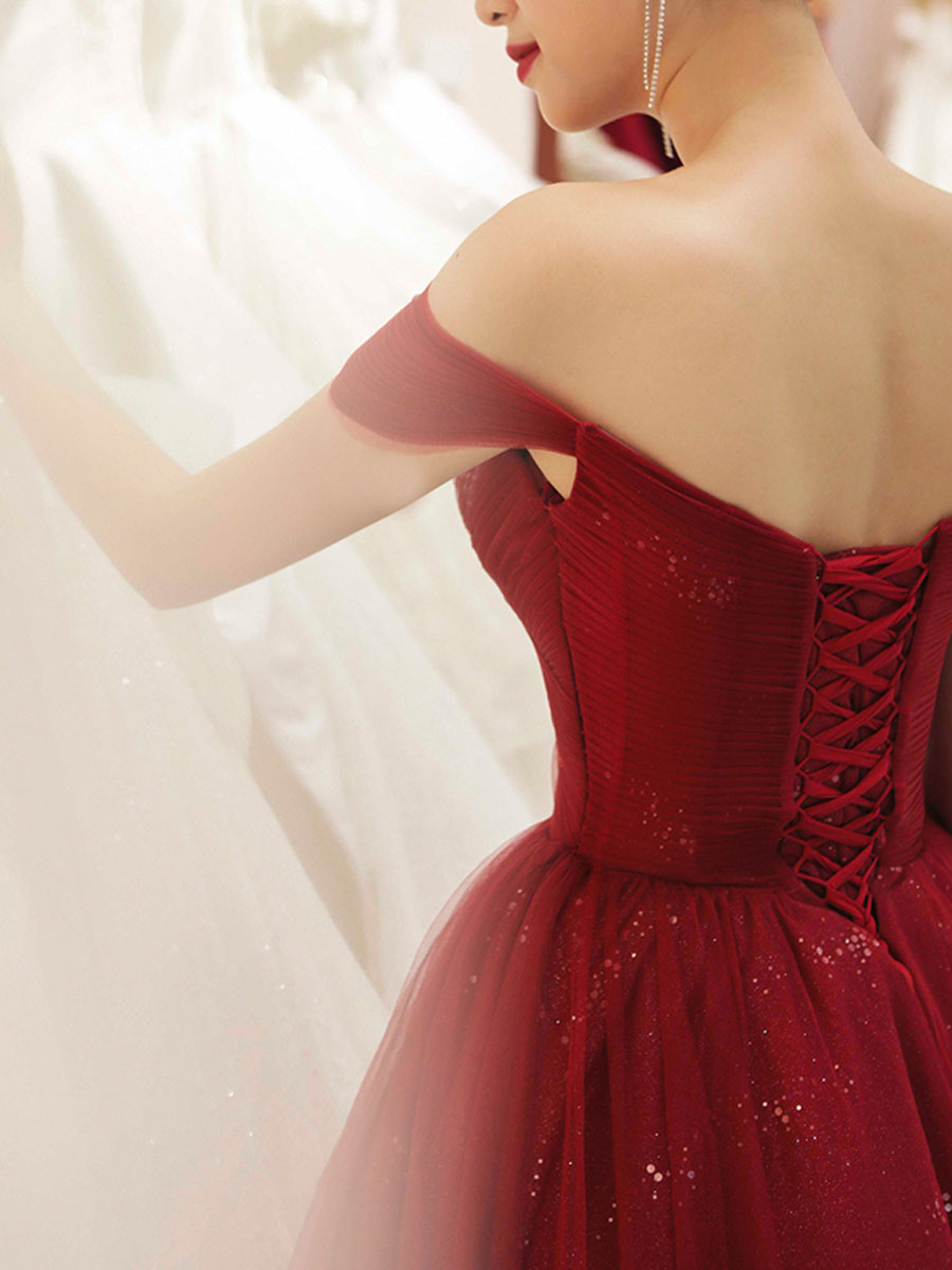 Elegant Burgundy Sweetheart Neckline Tulle Sequin Long Prom Dress for Women | Formal Evening Gown for Graduation, Homecoming & Special Occasions | Perfect for Prom Night, Wedding Guest & Black Tie Events