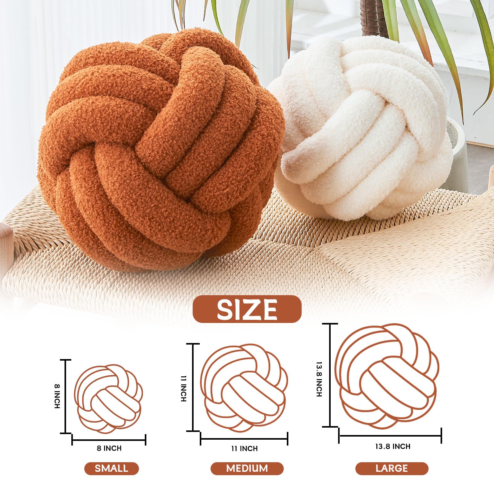 Decorative Knotted Throw Pillow Ball - 8 Inch Soft Lambswool Round Cushion for Sofa, Chair, Bed - Aesthetic Home Decor in Beige - Perfect for Living Room, Bedroom & Nursery Cozy Accents