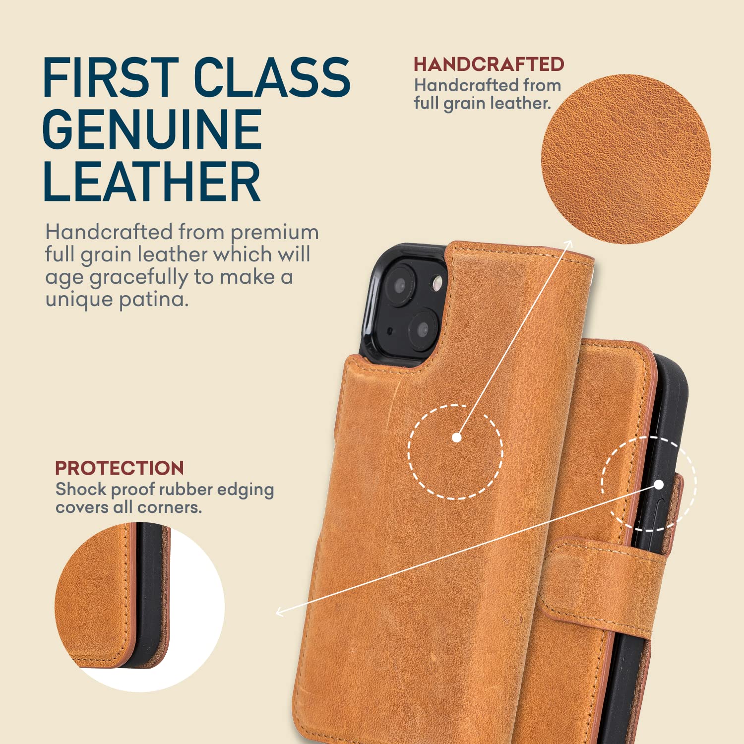 Bayelon Premium Full Grain Leather iPhone 13 Case with Detachable Magnetic Wallet - 2-in-1 Flip Cover with Card Slots & Kickstand | MagSafe Compatible (Antique Camel) for Work, Travel & Everyday Protection