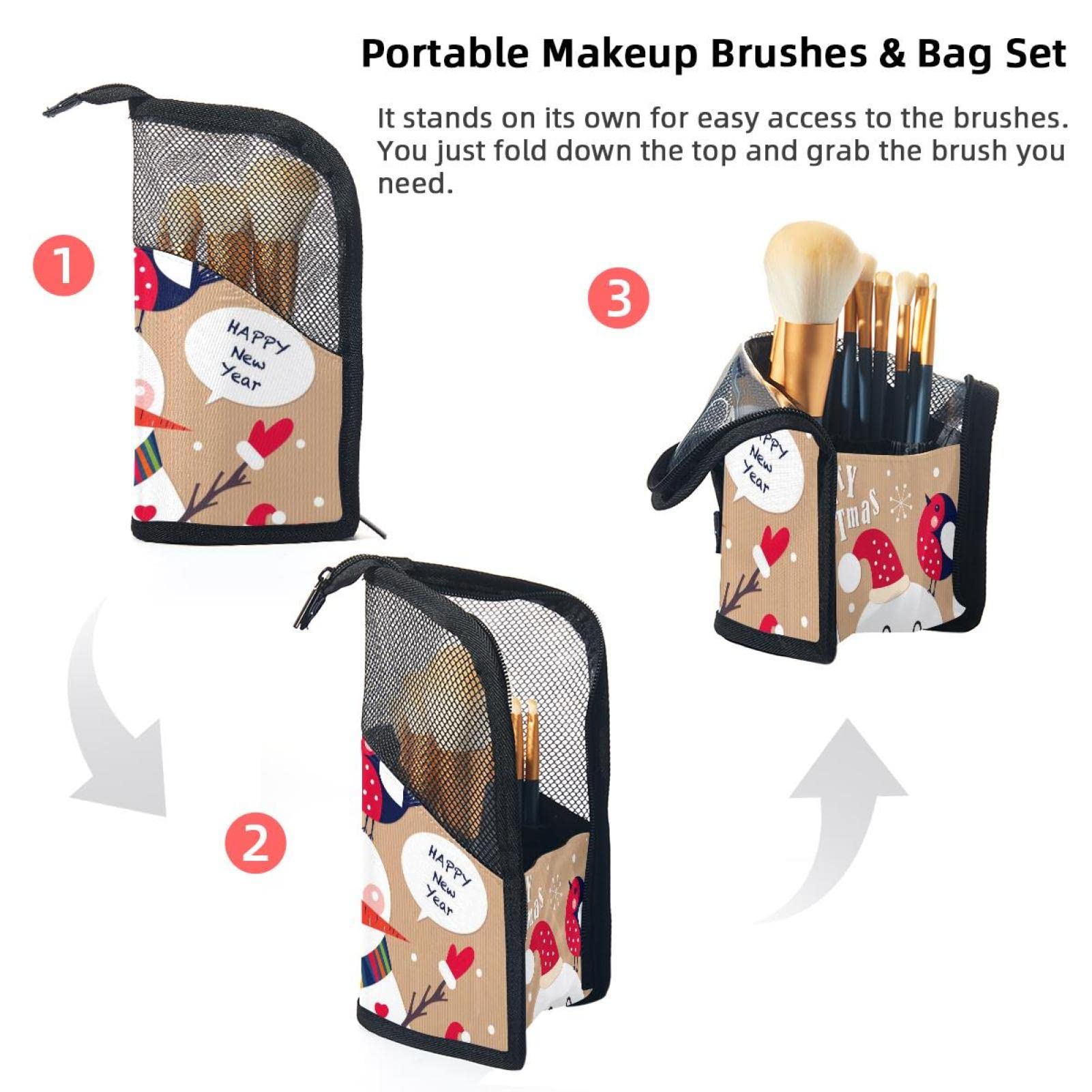 Premium 12-Piece Makeup Brush Organizer Bag with Christmas Snowman Bird Design - Portable Travel Brush Holder Case for Professional & Home Makeup Artists | Perfect for Travel, Salon, and Daily Beauty Routine
