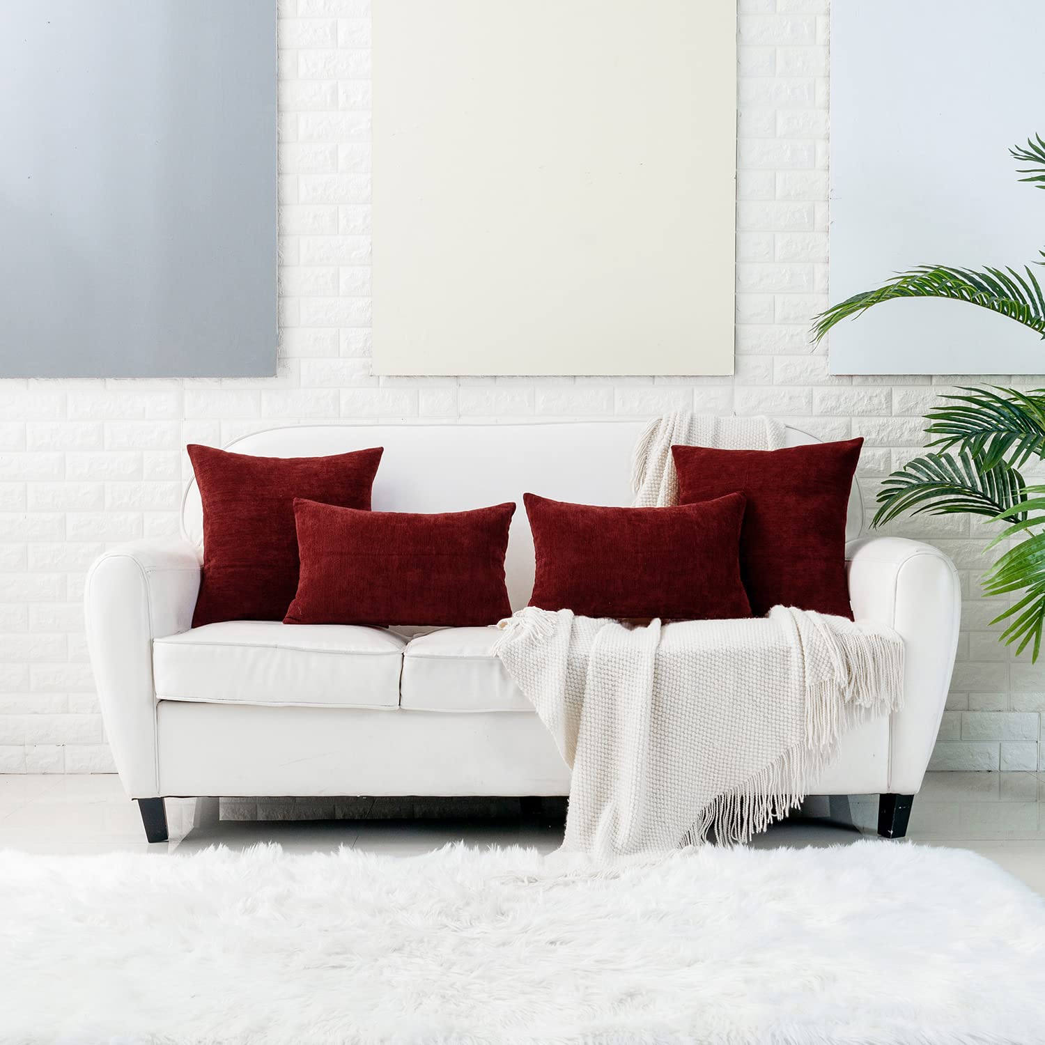 Burgundy Red Chenille Throw Pillow Covers 12x20 Inch - Soft Comfy Decorative Pillow Cases for Couch, Sofa & Bed - Pack of 2 - Perfect for Living Room, Bedroom & Home Decor