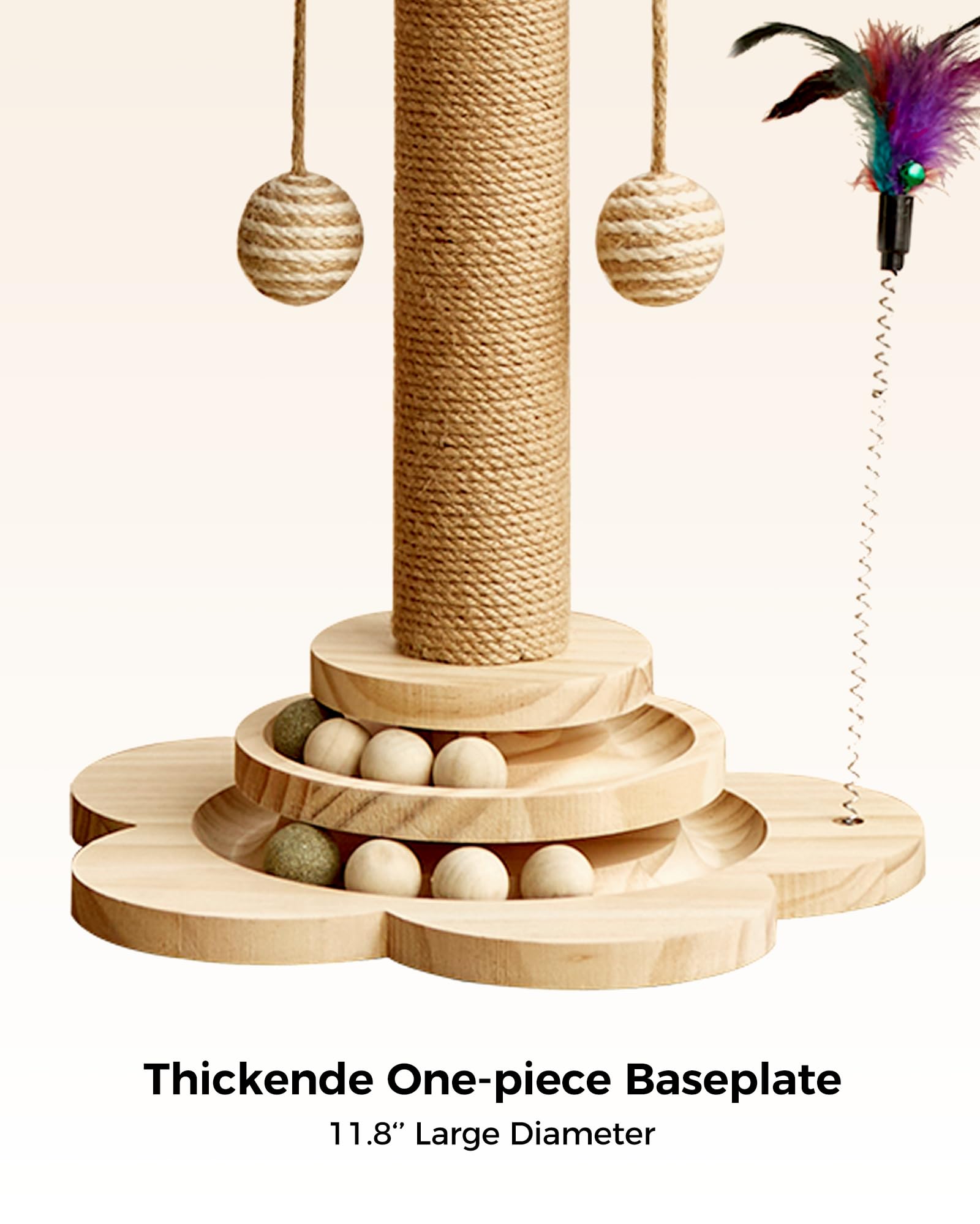 4-in-1 Wooden Cat Scratching Post with Interactive Toys - 17.7