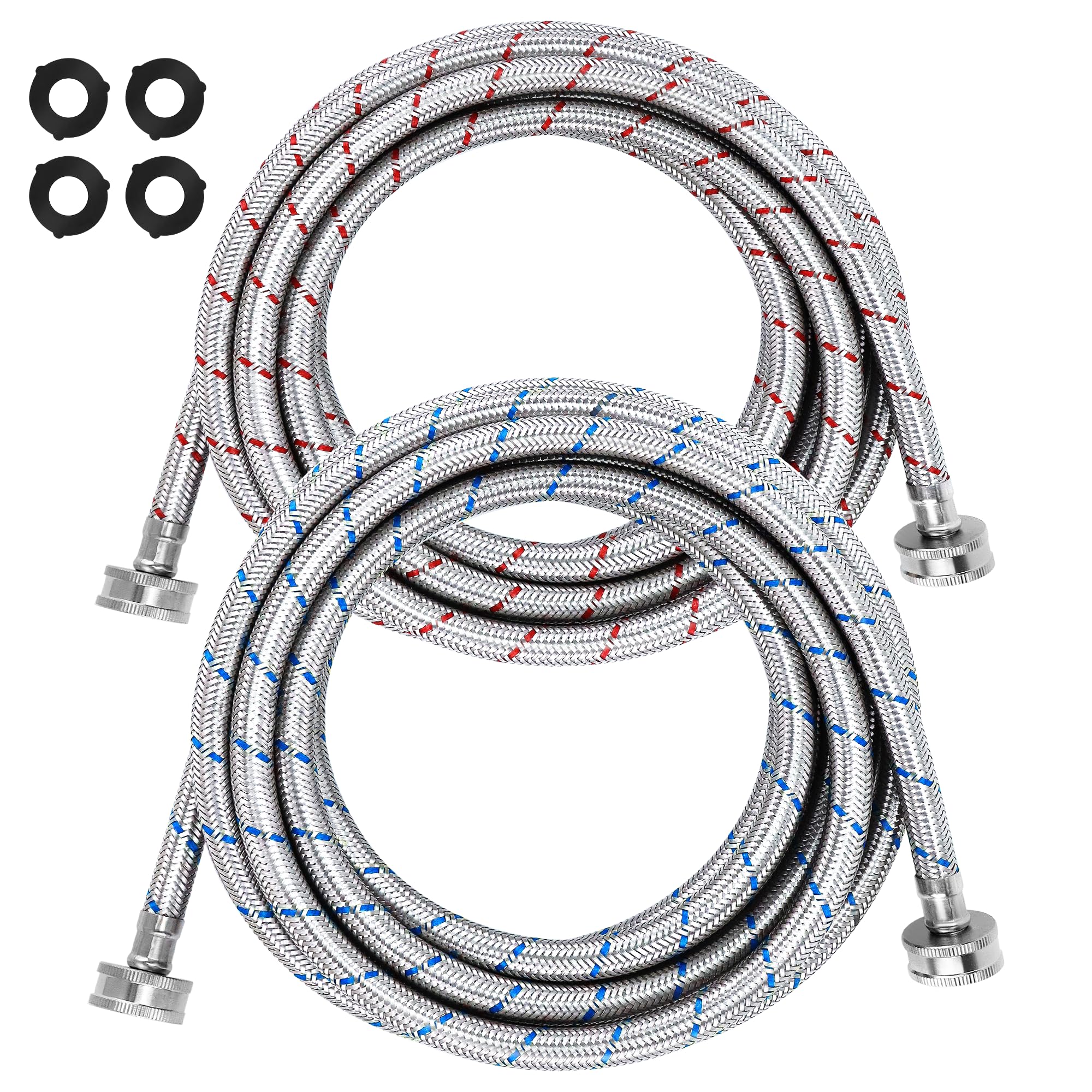Beaquicy 15ft Long Washing Machine Hoses (2 Pack) - Stainless Steel Hot and Cold Water Supply Lines with Striped Design - Universal Fit for All Washing Machines - Burst Proof & Leak Free - 10 Year Warranty - Perfect for Laundry Rooms, Basements, and Apartments