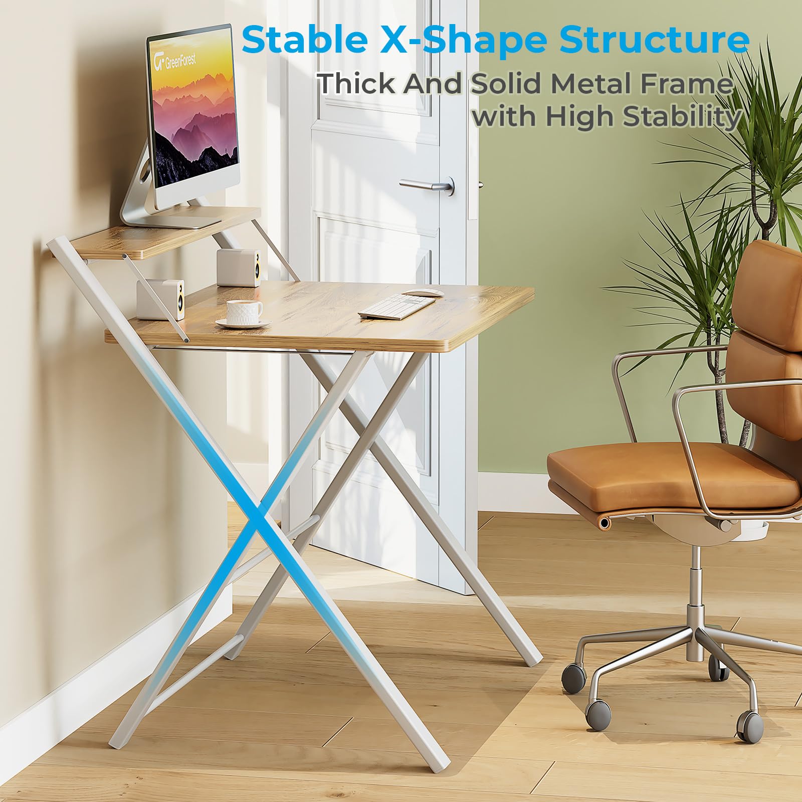 GreenForest Folding Desk - No Assembly Required Small Computer Desk with 2-Tier Shelf | Space Saving Portable Laptop Table for Home Office, Study & Small Spaces | Oak Finish | Perfect for Dorm Rooms, Apartments & Workspaces