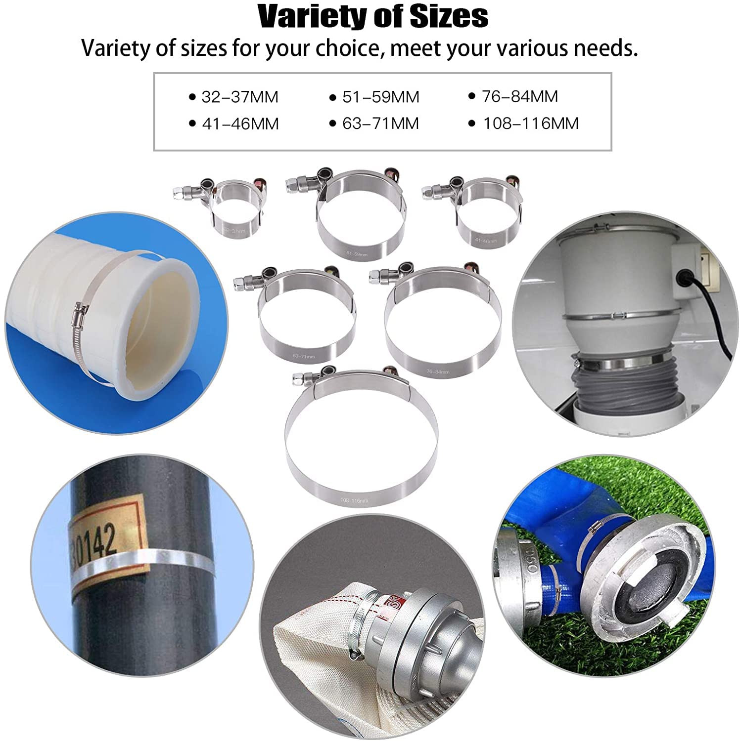 Stainless Steel T-Bolt Hose Clamp 113-121mm (4.45-4.76 Inch) for Fuel Pump, Filter & Plumbing - Heavy Duty Silver Clamp (1 Pack) - Perfect for Automotive, Marine & Industrial Hose Connections