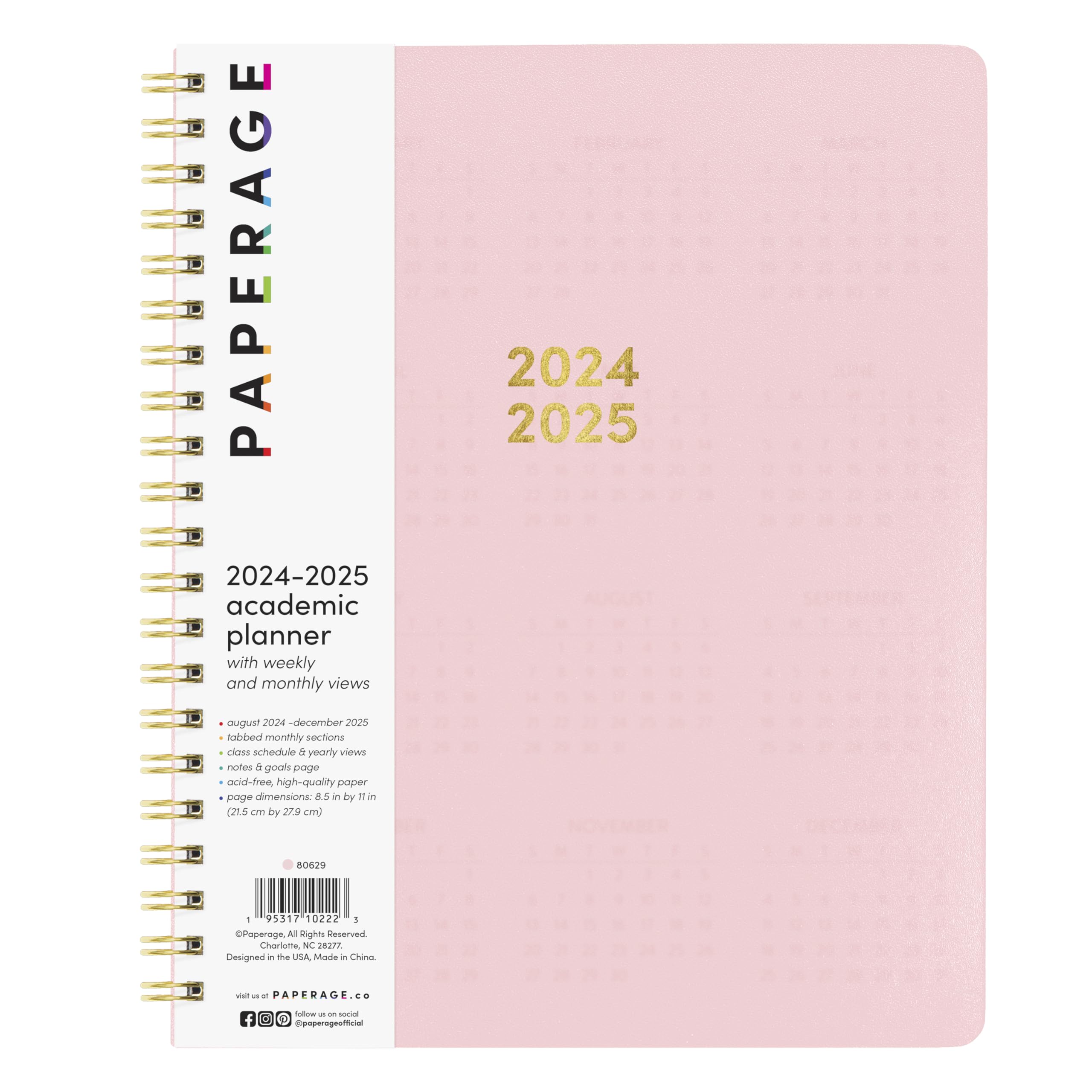 PAPERAGE 17-Month Academic Planner 2024-2025 - Weekly & Monthly Calendar Organizer, August 2024 to December 2025, Large 9x11 Inch Blush Pink Planner - Perfect for Students, Teachers & Office Professionals