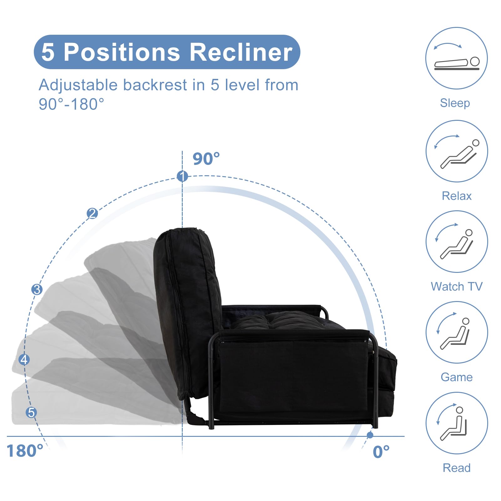 MAXYOYO Adjustable Floor Sofa Bed - Multi Functional Folding Couch with 2 Pillows (Black) | Perfect for Small Spaces, Guest Room & Living Room Lounging