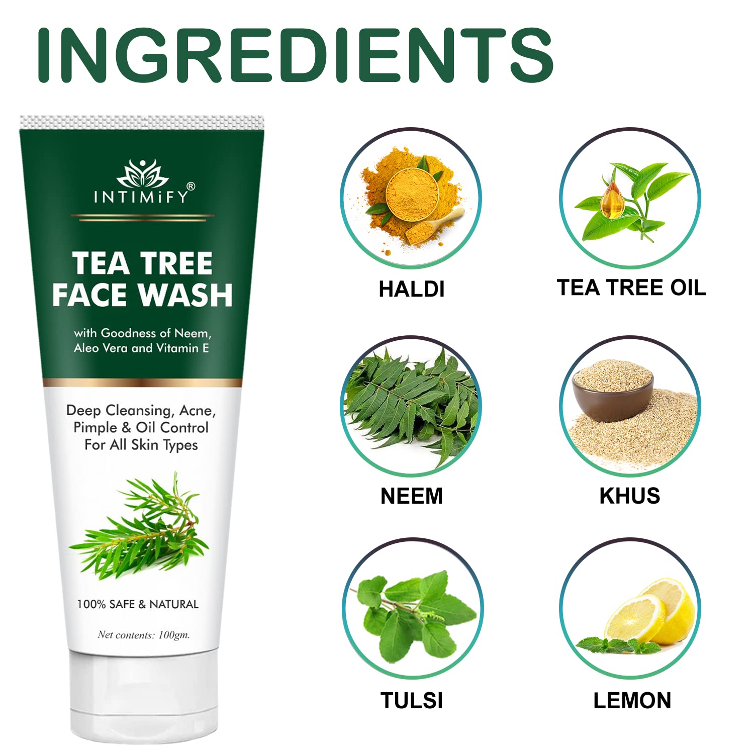 INTIMIFY Tea Tree & Neem Face Wash for Acne-Prone & Oily Skin - Brightening & Lightening Formula - 100g (Pack of 1) - Gentle Daily Cleanser for Clear, Glowing Skin at Home or Travel