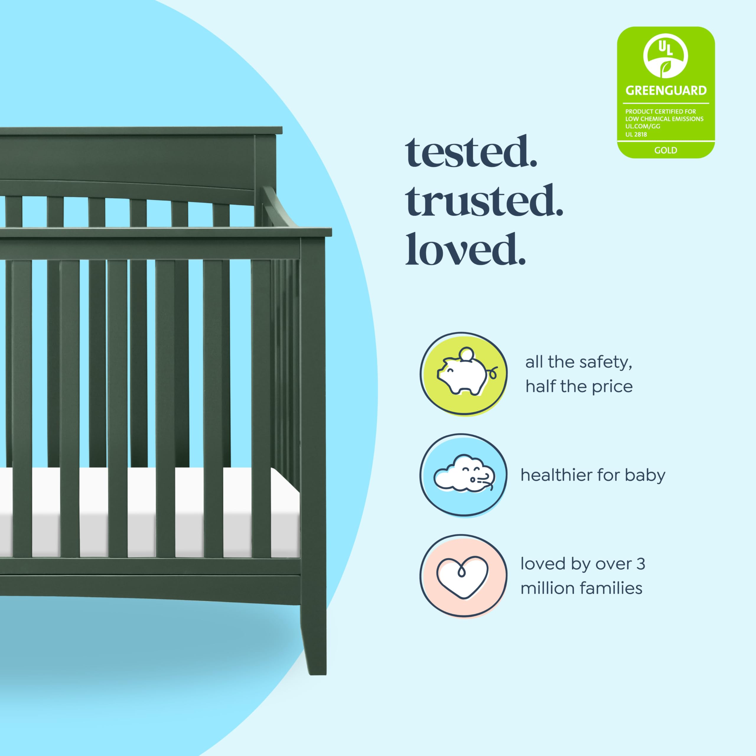 DaVinci Grove 4-in-1 Convertible Baby Crib - GREENGUARD Gold Certified, Converts to Toddler Bed, Daybed & Full Size Bed - Adjustable Height Wooden Crib in Forest Green - Perfect for Nursery, Bedroom & Growing Toddlers