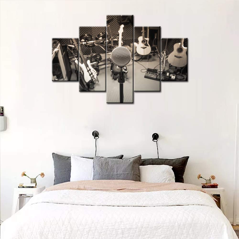 Focus Microphone Artwork - 5-Piece Music Series Wall Decor with Rock Band, Guitar, Piano, Shelf & Drum Set - Black & White Background with LED Lights - Modern DJ Home Decor for Living Room & Bedroom (60