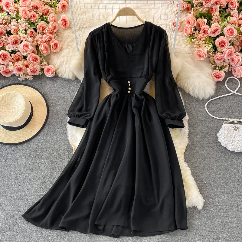 Vintage French Style Autumn Chiffon Dress with Puff Sleeves, High Waist & V-Neck - Elegant Retro Long Skirt for Fall Weddings, Date Nights and Office Wear