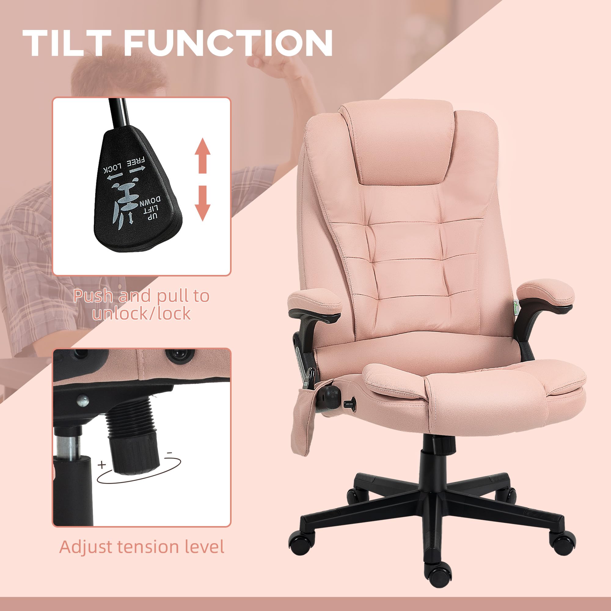 HOMCOM 6-Point Vibrating Massage Office Chair with Heating - High Back Executive Chair with Reclining Function, Padded Armrests & Remote Control - Pink Microfiber Ergonomic Chair for Home & Office Use - Perfect for Work, Relaxation & Pain Relief
