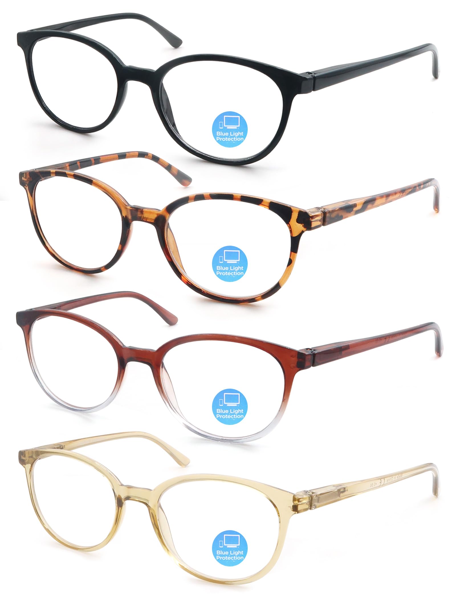 Blue Light Blocking Round Reading Glasses for Women - Lightweight Circle Readers with Anti-Glare Lenses - 4 Pack Multipack for Office, Computer, and Screen Use