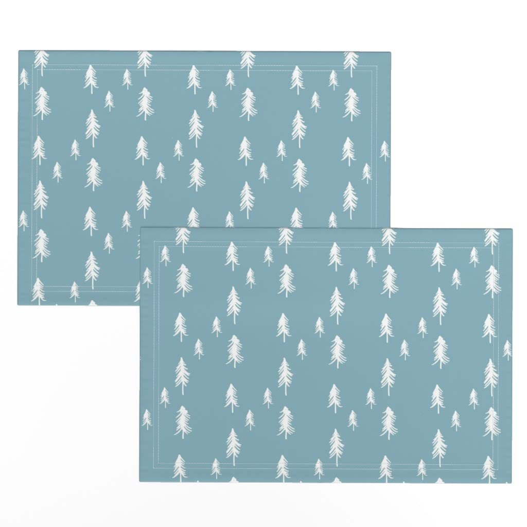 Premium Linen Cotton Canvas Placemats Set of 2 - Blue Pine Trees Christmas Winter Forest Holiday Table Decor for Dining, Parties & Seasonal Home Decor