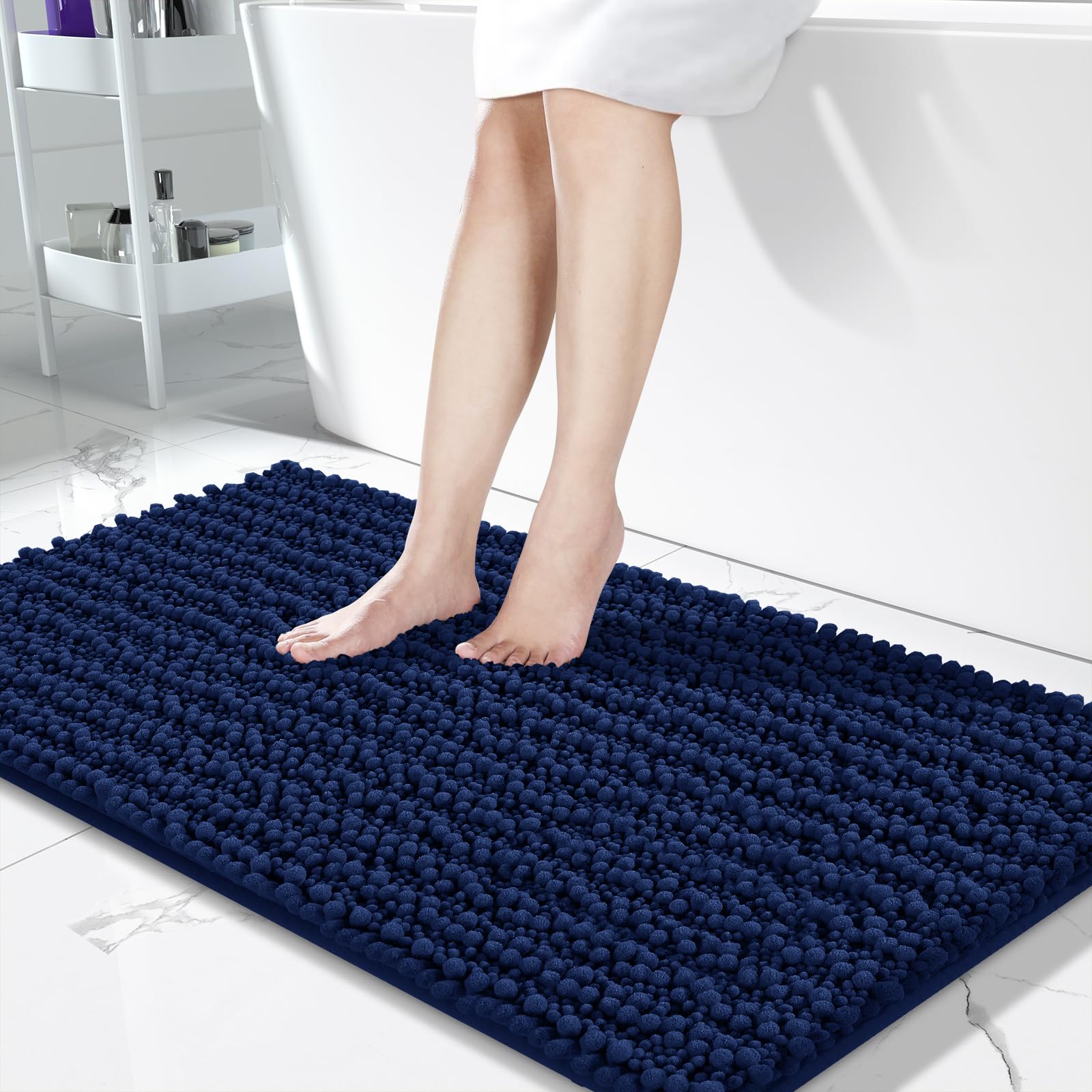 Yimobra Non-Slip Bathroom Rug Mat 44x24 Inches - Super Absorbent Quick Dry Bath Mat for Bathroom & Bedroom Floor, Machine Washable Soft Thick Modern Home Decor in Navy Blue - Perfect for Bathrooms, Showers, and Spa Areas