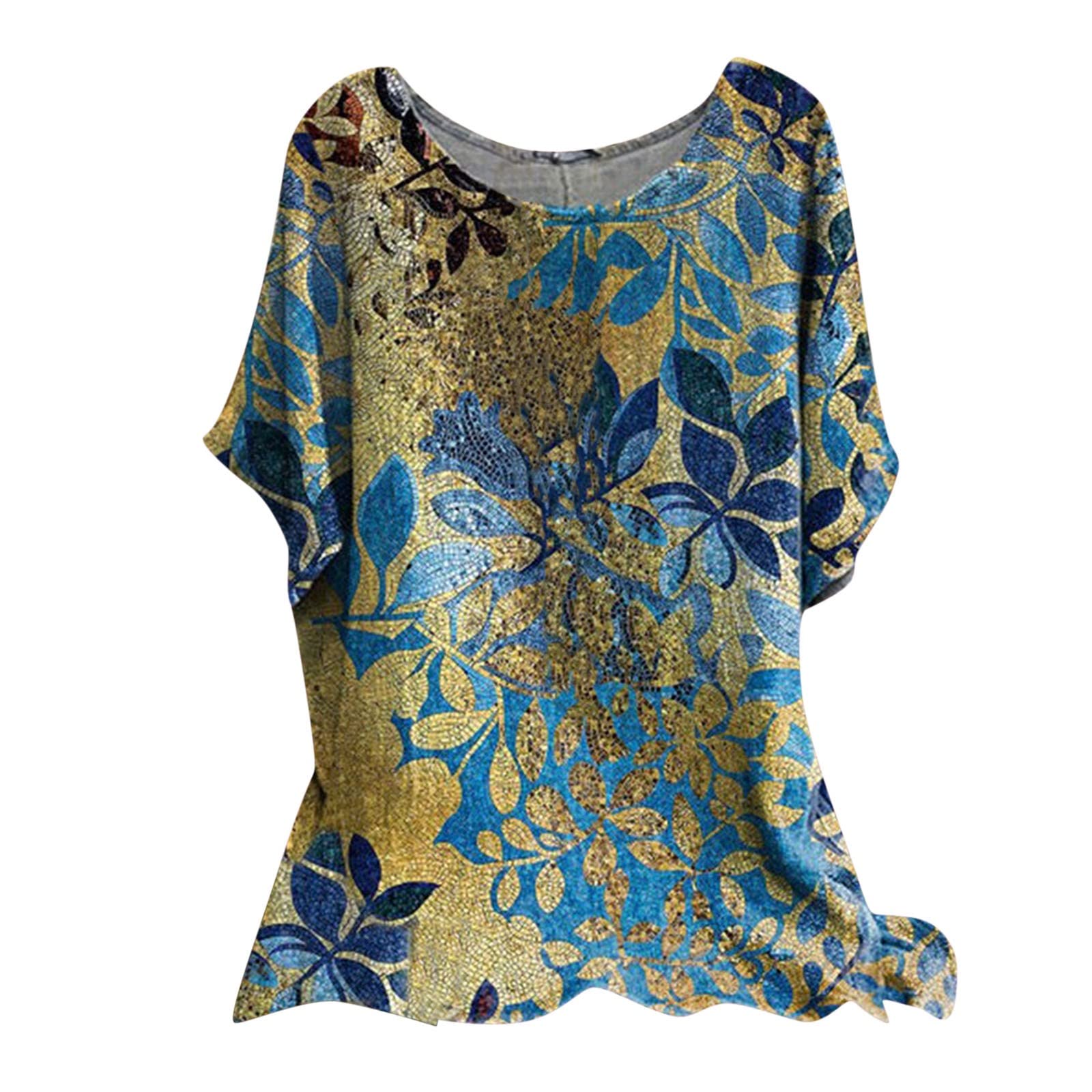 Women's Floral Print Loose Fit T-Shirt - Batwing Sleeve Cotton Linen Blouse with Crewneck & Slim Tunic Design | Perfect for Casual Wear, Summer Outfits & Boho Style