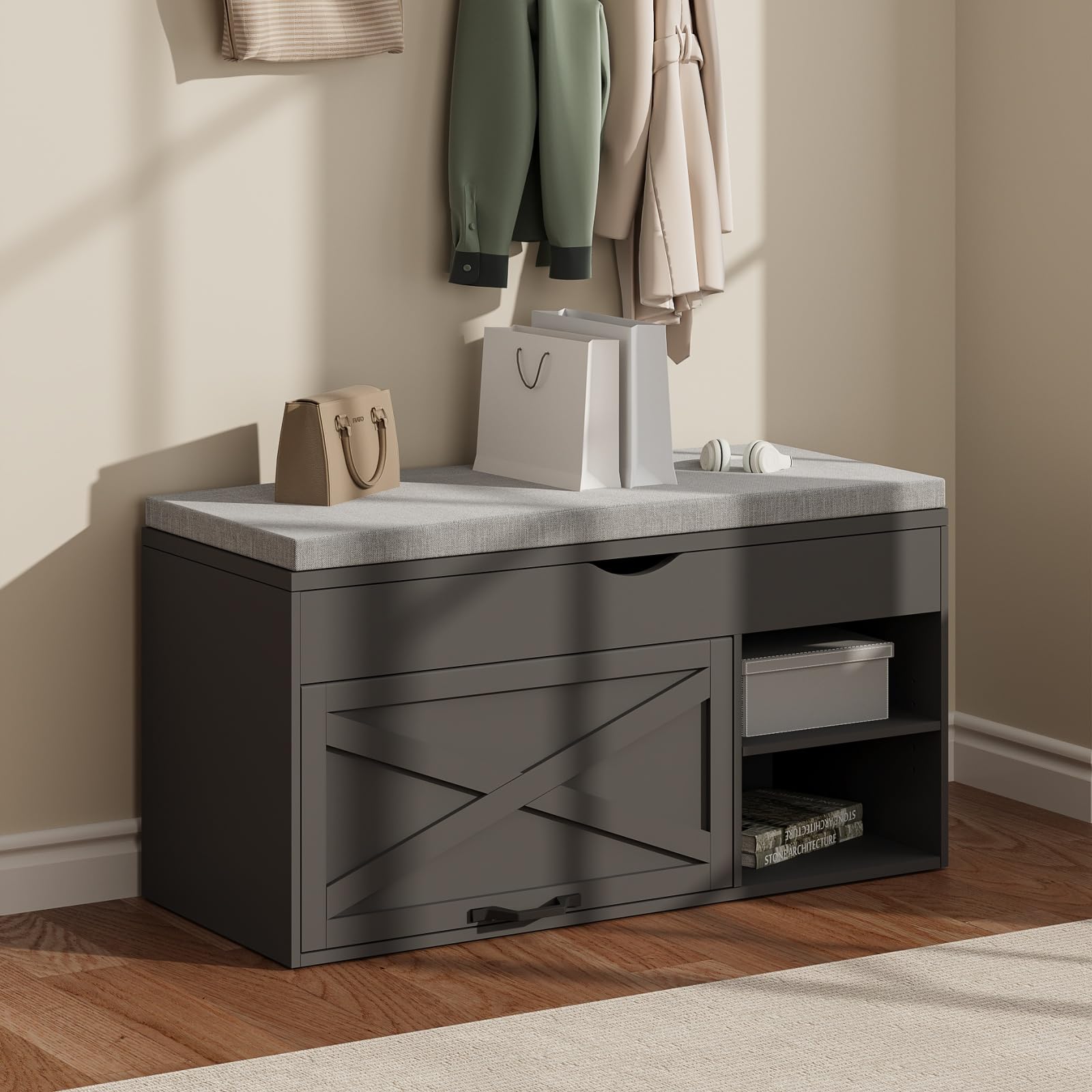 ChooChoo Storage Bench with Cushion - Lift Top Shoe Bench with Adjustable Shelf, Entryway Shoe Cabinet for Living Room & Bedroom - Perfect for Organizing Shoes, Hats & Seasonal Items in Small Spaces (Black)