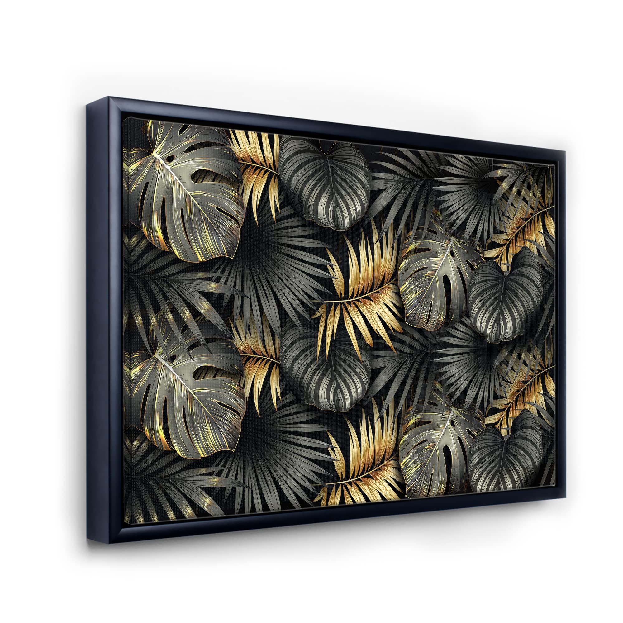 DesignQ Black and Gold Tropical Leaves II - Modern Framed Canvas Wall Art Print for Living Room, Bedroom & Office Decor | Nature Inspired Home Wall Decor