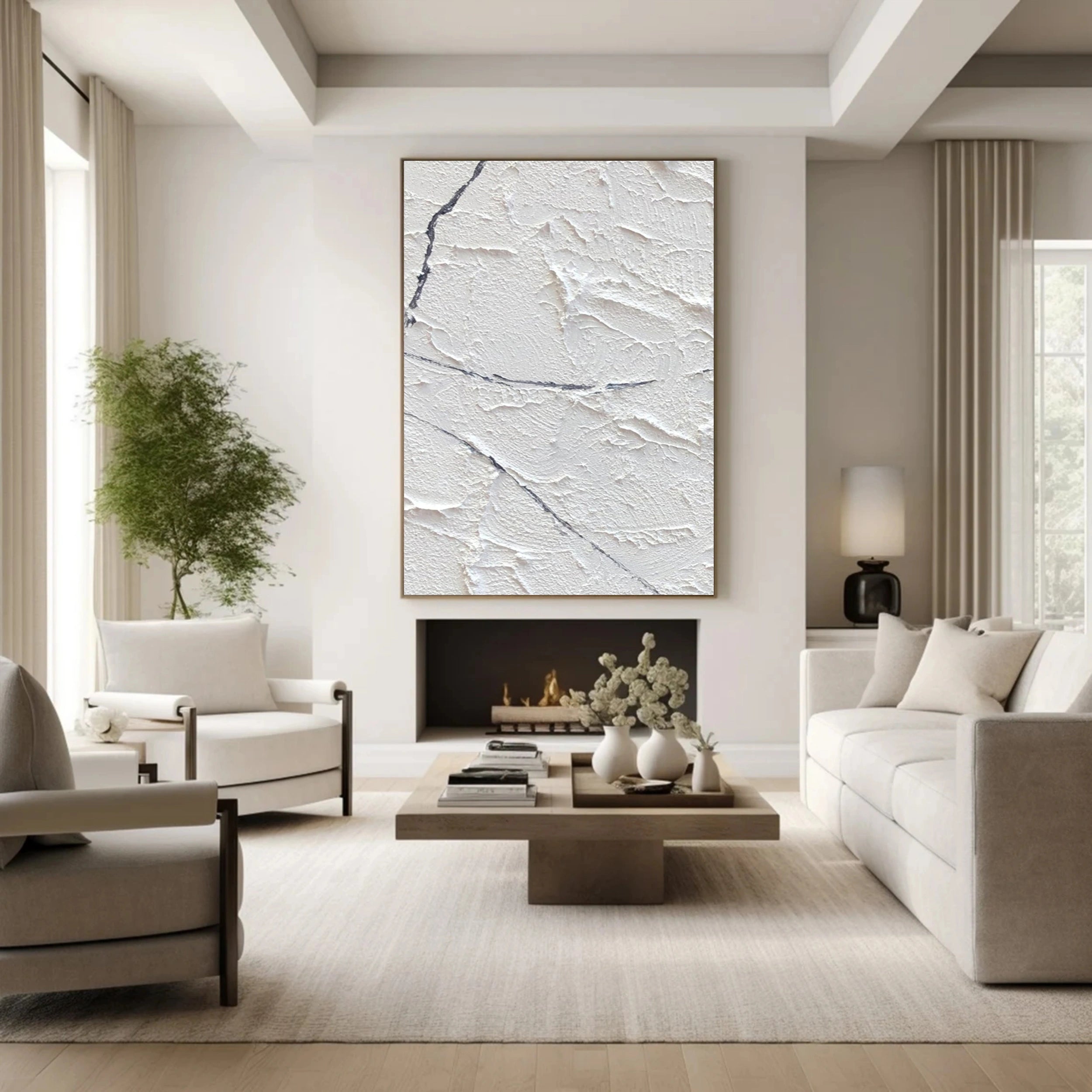 White Minimalist Textured Painting Canvas #MM142 - Premium Abstract Wall Art for Modern Home & Office Decor