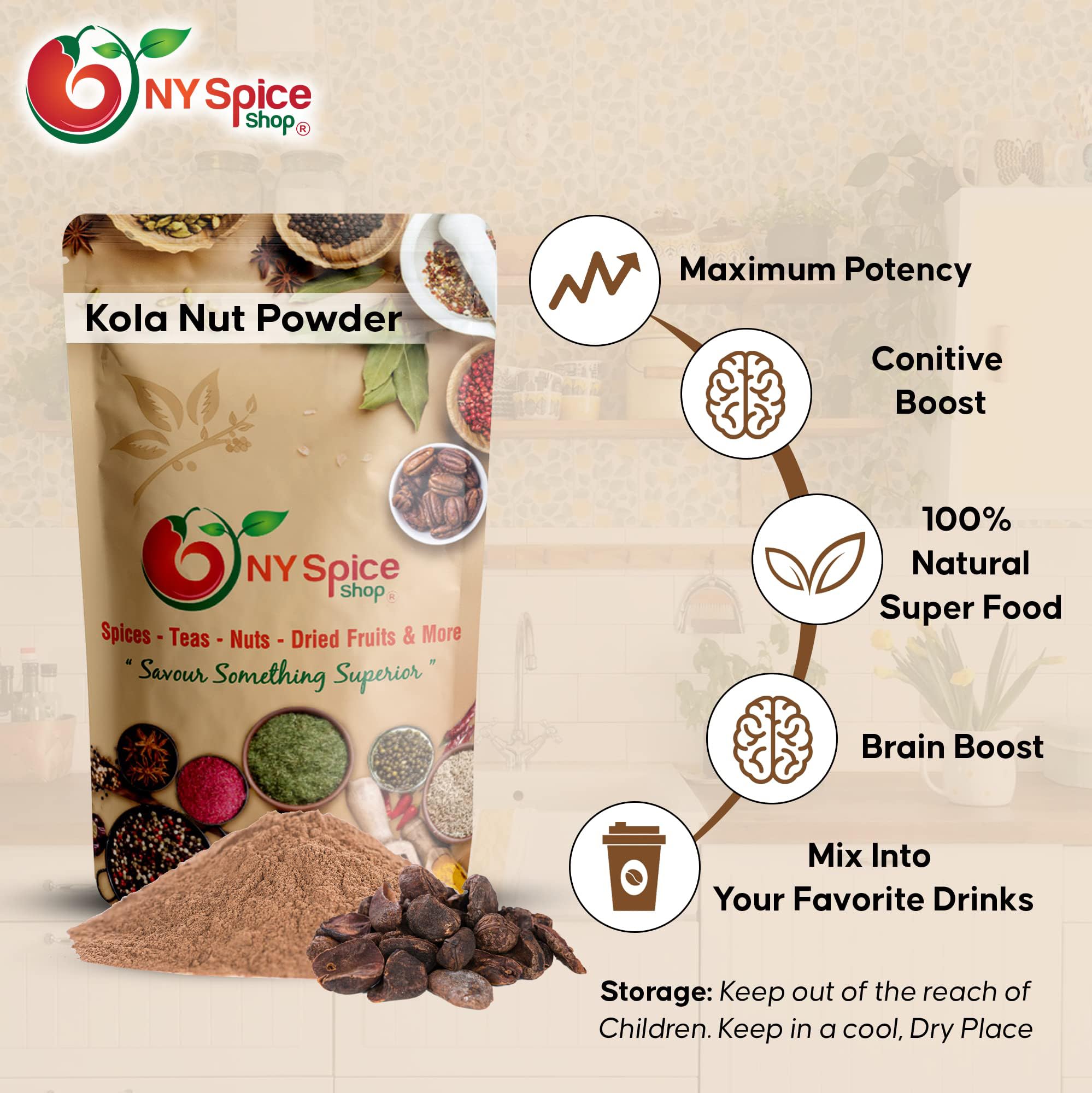 NY Spice Shop Kola Nut Powder - 8oz Pure Jamaican Bissy Powder | Natural African Energy Booster | Raw Kola Nut Superfood | More Effective Than Coffee & Tea | Great for Smoothies, Protein Shakes, Herbal Teas & Natural Energy Drinks