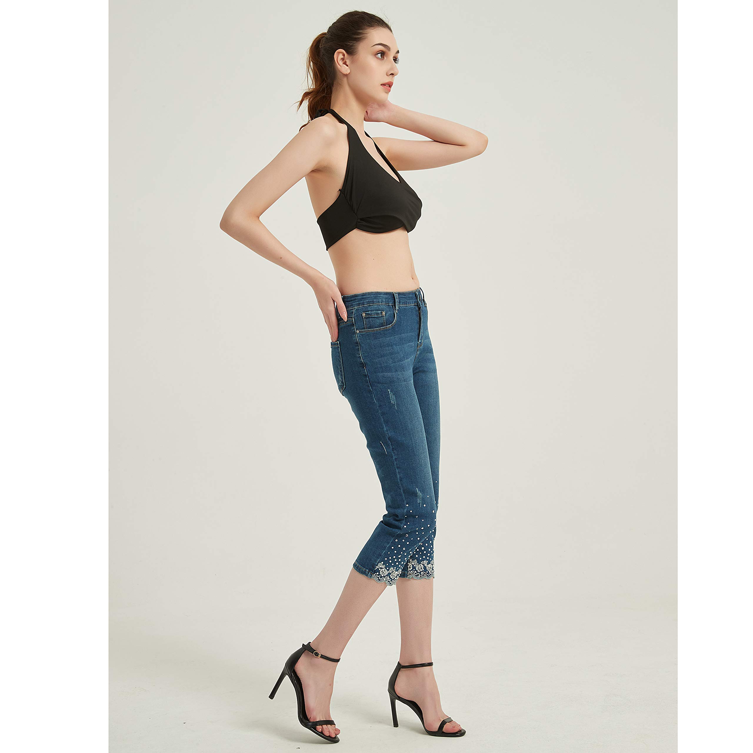 Lisskolo Women's Embroidered Stretch Skinny Capri Jeans - Mid-Rise Cropped Denim Pants for Casual Wear & Summer Outfits