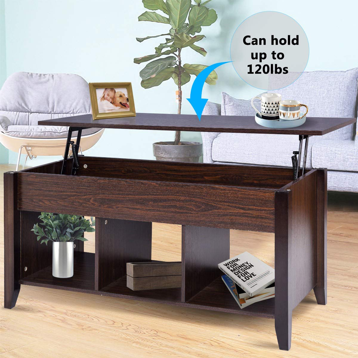 Modern Lift Top Coffee Table with Hidden Storage - Solid Wood Living Room Furniture, Convertible Desk & Organizer Shelf (Brown) - Perfect for Small Spaces, Home Office & Entertaining Guests